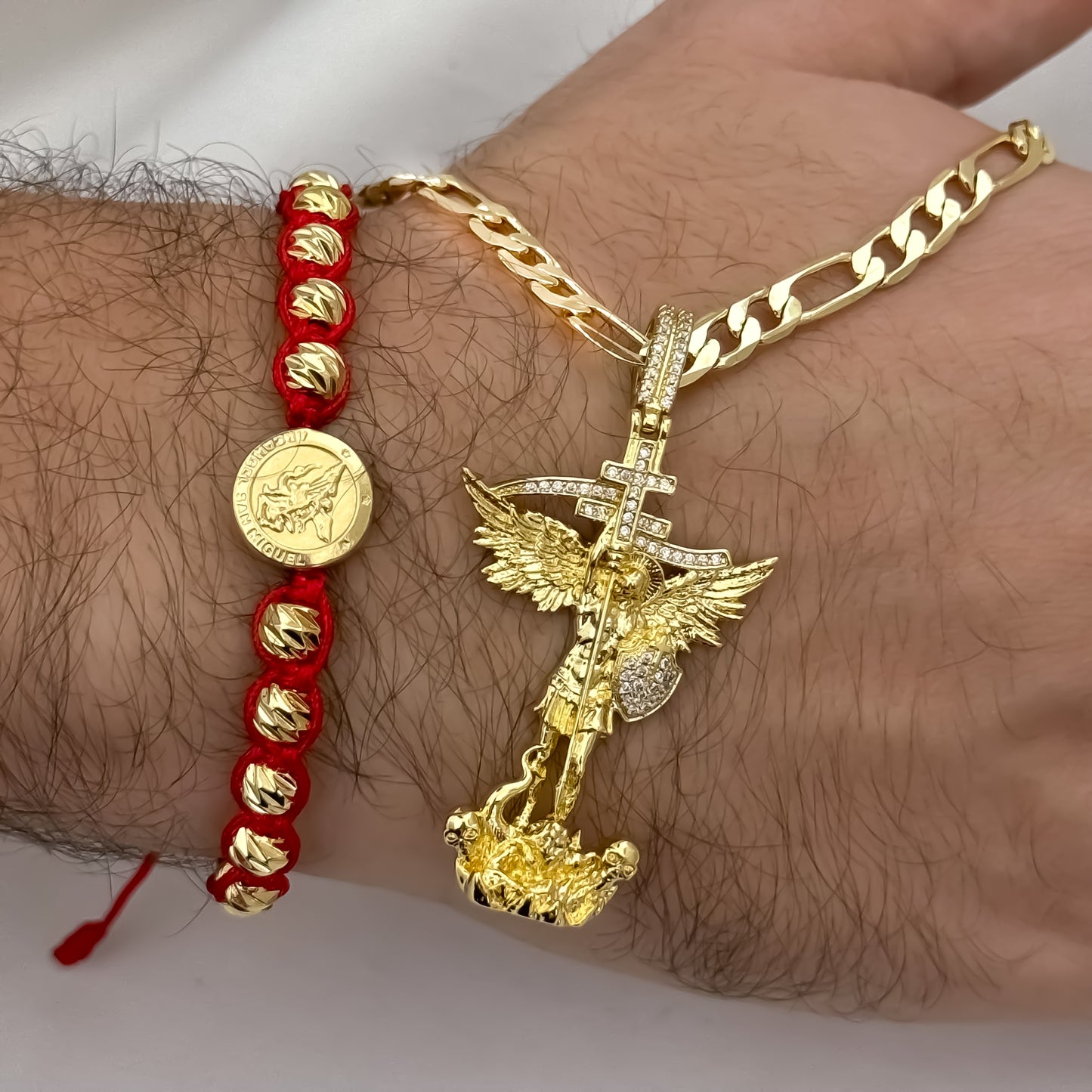 Cadena Tejido Catier de Hombre es de 60cm de 4mm de Grosor + Dije de San Miguel Arcangel Proteccion + Pulsera San miguel Arcángel en hilo Rojo en Oro Laminado 18k con Garantía de por vida