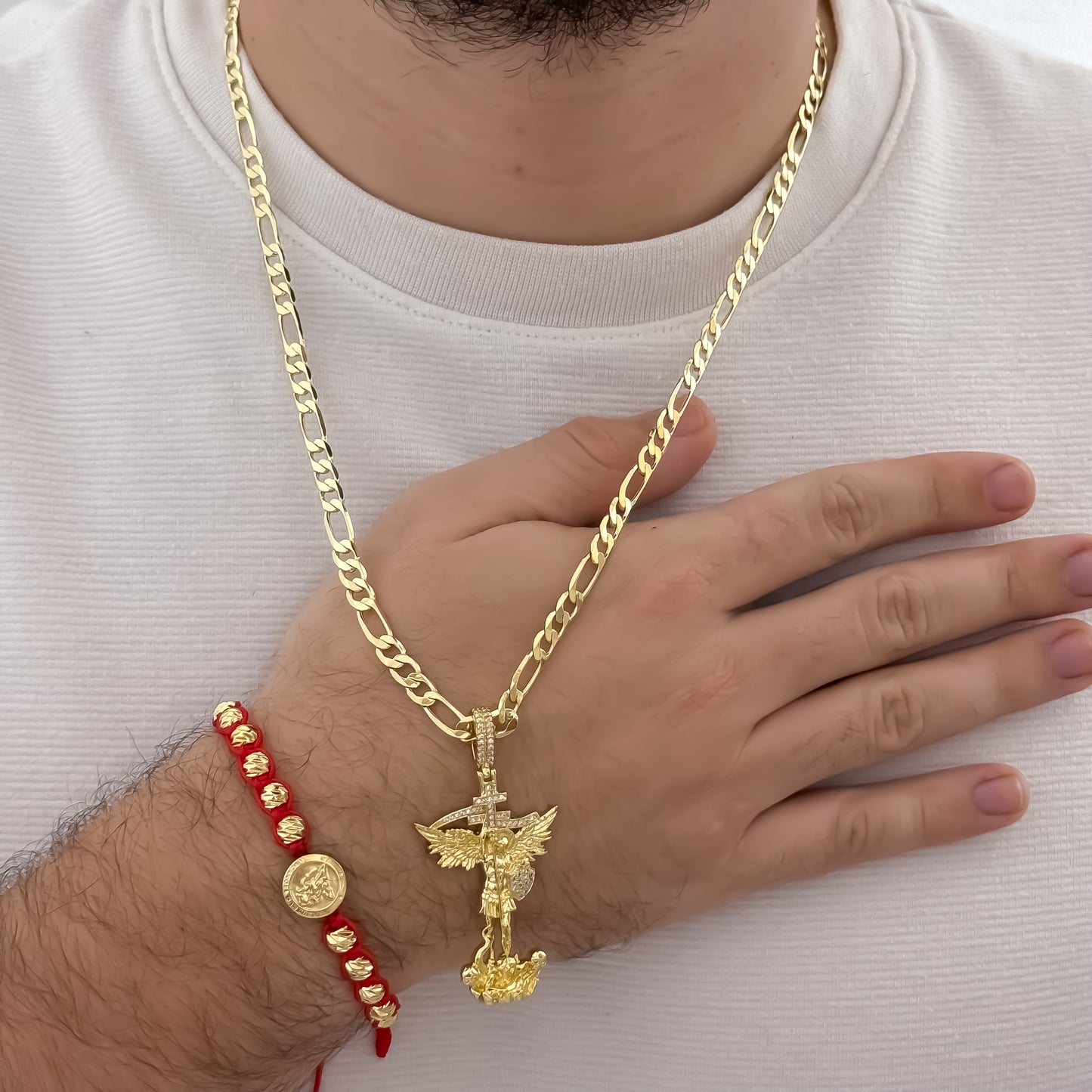 Cadena Tejido Catier de Hombre es de 60cm de 4mm de Grosor + Dije de San Miguel Arcangel Proteccion + Pulsera San miguel Arcángel en hilo Rojo en Oro Laminado 18k con Garantía de por vida