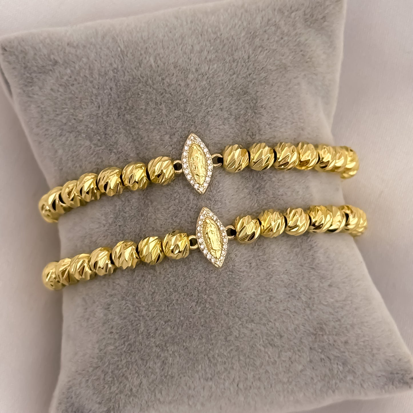Promoción de Pulseras para Parejas en Balin Italiano 6mm con Virgen de Guadalupe con Micro Circones Cristales en Oro Laminado 18k