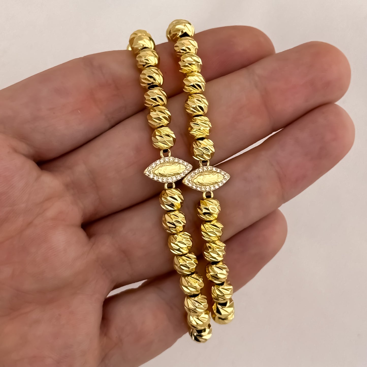 Promoción de Pulseras para Parejas en Balin Italiano 6mm con Virgen de Guadalupe con Micro Circones Cristales en Oro Laminado 18k