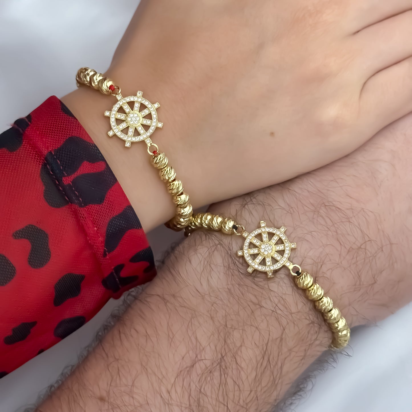 Promoción de 2 Pulseras Para Parejas Balin Italiano de 6mm con Herrajes de Timón amuleto de Unión para Parejas en Oro Laminado 18k con Garantia de por vida