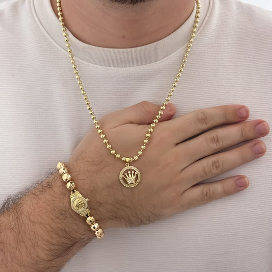 Juego de Cadena Tejido Militar Diamantada de  60cm de 4mm de Grosor en Balin Italiano + Dije de Corona Rolex + Pulseras balin de 6mm con Corona Rolex en Oro Laminado 18k con Garantia de por vida en el mismo color de Oro de 18k