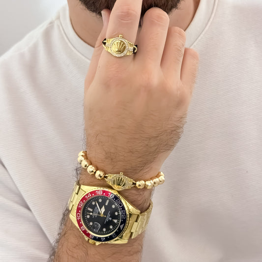 Juego de Pulsera Tejida con Corona Rolex de Micro circones +Anillo Tejido con Corona Rolex con Micro circones + Adicional un Reloj Rolex de Hombre Replica 1.1 en Oro Laminado 18k con Garantia de por vida