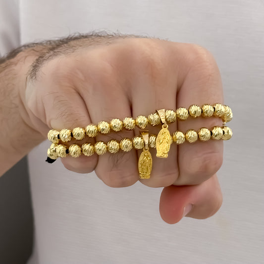Promocion de 2 Pulseras balin Italiano de 7mm con Virgen de Guadalupe Tallada en Oro Laminado 18k con Garantía de por vida mismo color de oro de 18k