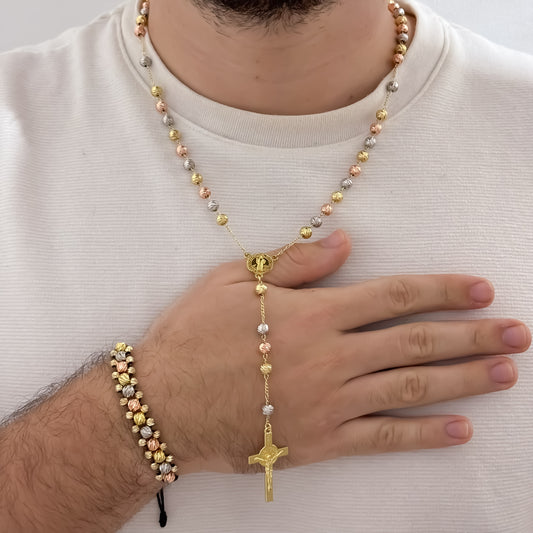 Camándulas de 3 Oros Balin de 7mm italiano de San Benito Protección + Pulseras de 3 carriles en balin italiano en3 Oros tipo  oro Macizo en Oro Laminado 18k con Garantia de por vida