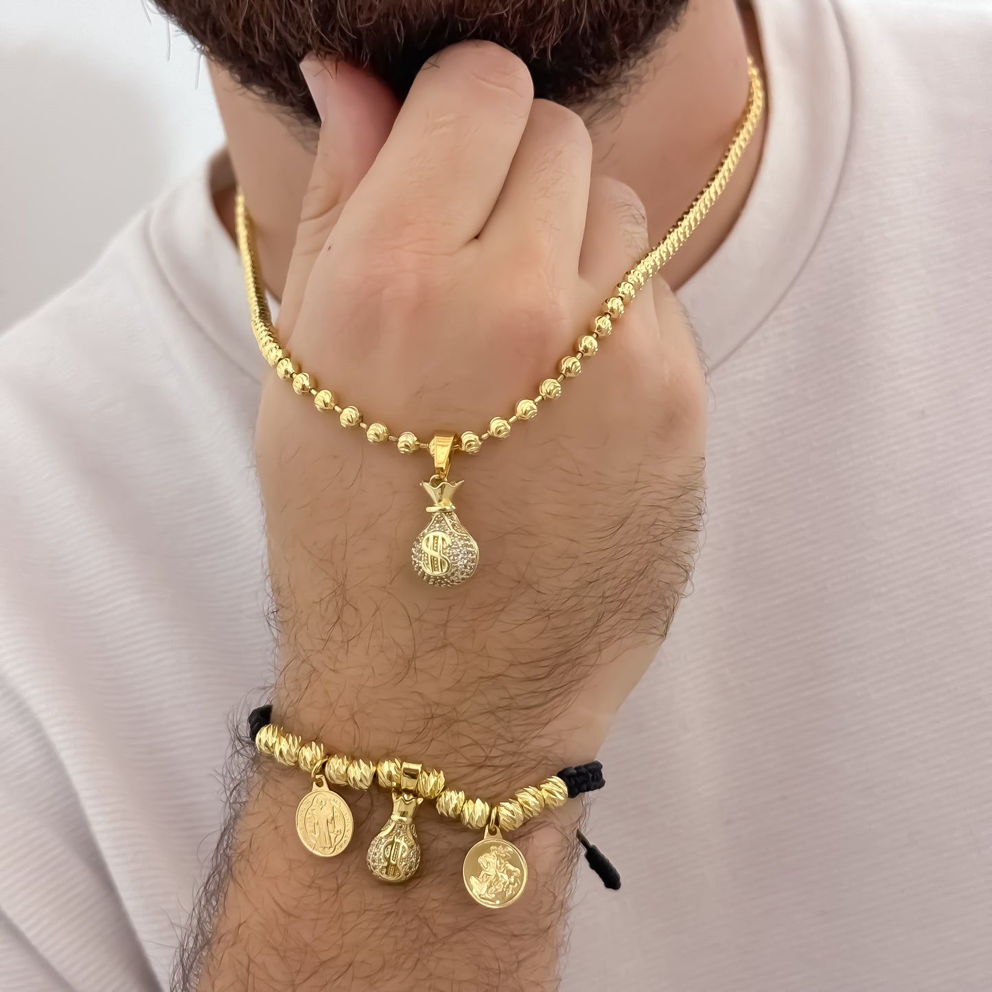 Cadena Tejido Militar Diamantada de 60cm + Dije de Bolsa de Dinero + Pulsera de la Abundancia y Proteccion y mucha Prosperidad en Oro Laminado 18k con Garantía de por vida