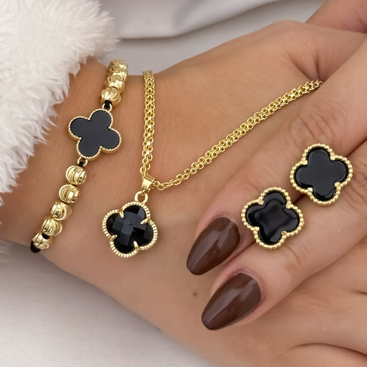 Juego de Cadena Tejido Chino de Dama + Dije van cleef + Topo van cleef + Pulsera van cleef en Oro Laminado 18k con Garantía de por vida