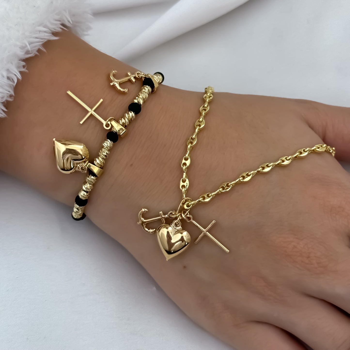Cadena Tejido Gucci de Dama de 45cm + Dije de 3 Gracias + Pulseras Balin Italiano 4mm dije de 3 Gracias en Oro Laminado 18k con Garantia de por vida