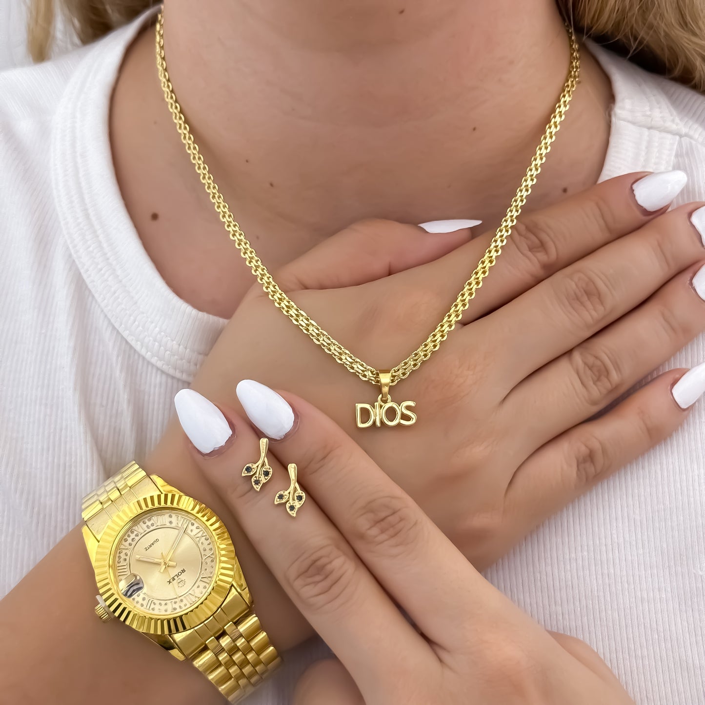Cadena Tejido Chino de Dama de 45cm de 3mm de Grosor + Dije de Dios Proteccion + Topos Flor en Oro Laminado 18k con Garantia de por vida + Reloj de Dama Rolex de alta Calidad