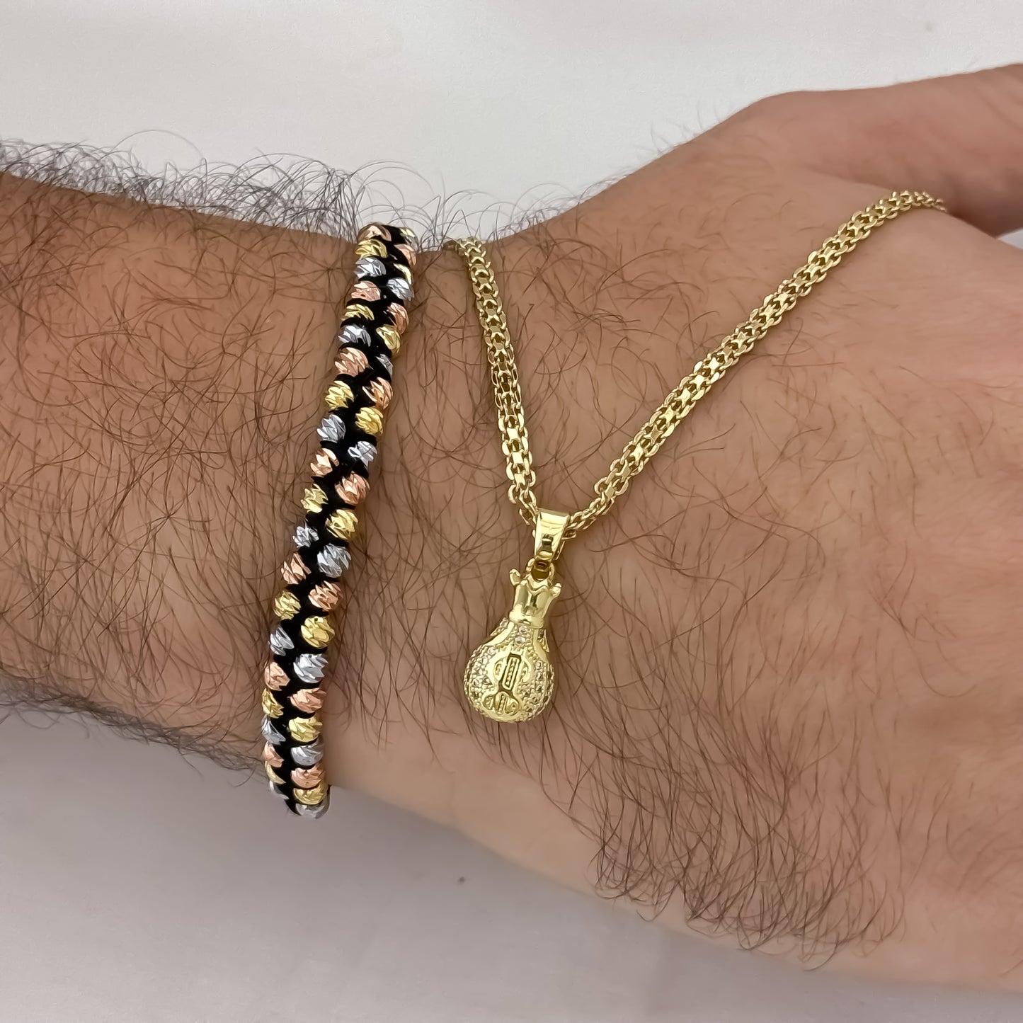 Cadena Tejido Chino Hombre de 60cm de de Grosor + Dije de bolsa de Dinero con Micro Circones + Pulsera de 3 Oros en Balin Italiano Doble Carril en Oro Laminado 18k con Garantia de por vida