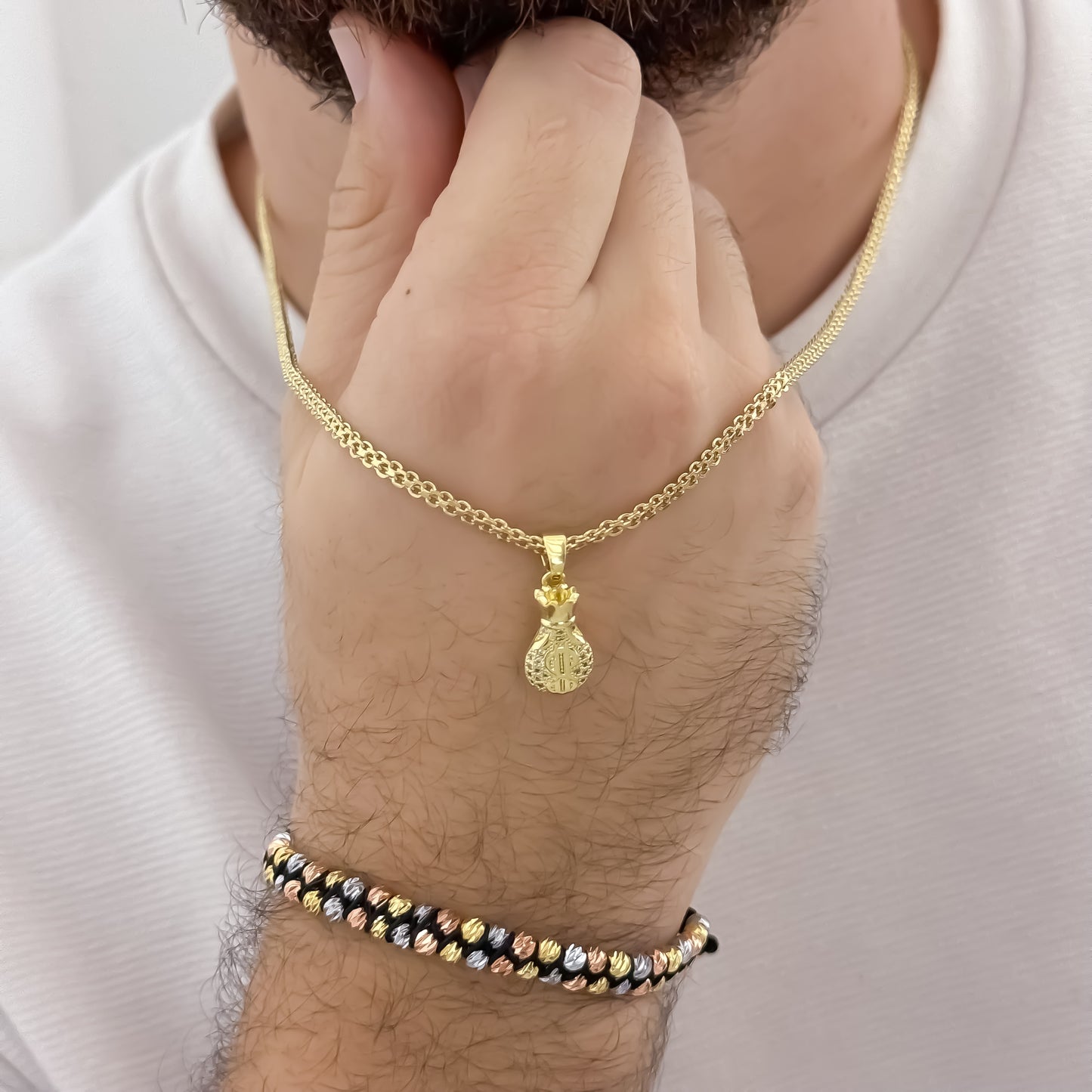 Cadena Tejido Chino Hombre de 60cm de de Grosor + Dije de bolsa de Dinero con Micro Circones + Pulsera de 3 Oros en Balin Italiano Doble Carril en Oro Laminado 18k con Garantia de por vida