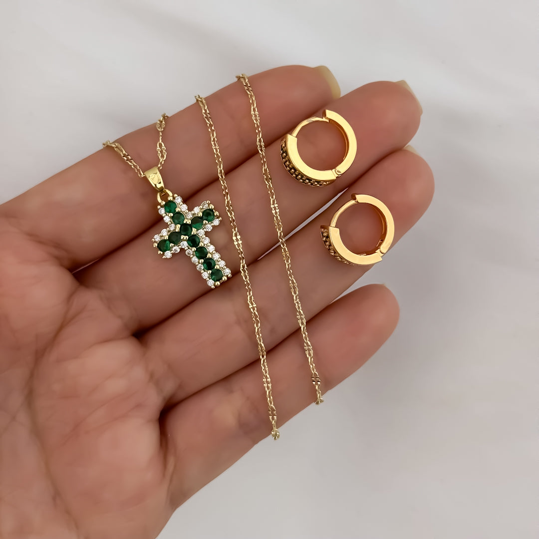 Cadena Tejido Crispeta de Dama de 45cm con Cruz Micro Circones Verde Esmeralda + Candongas Micro circones Verde en Oro Laminado 18k con Gaarantia de por vida