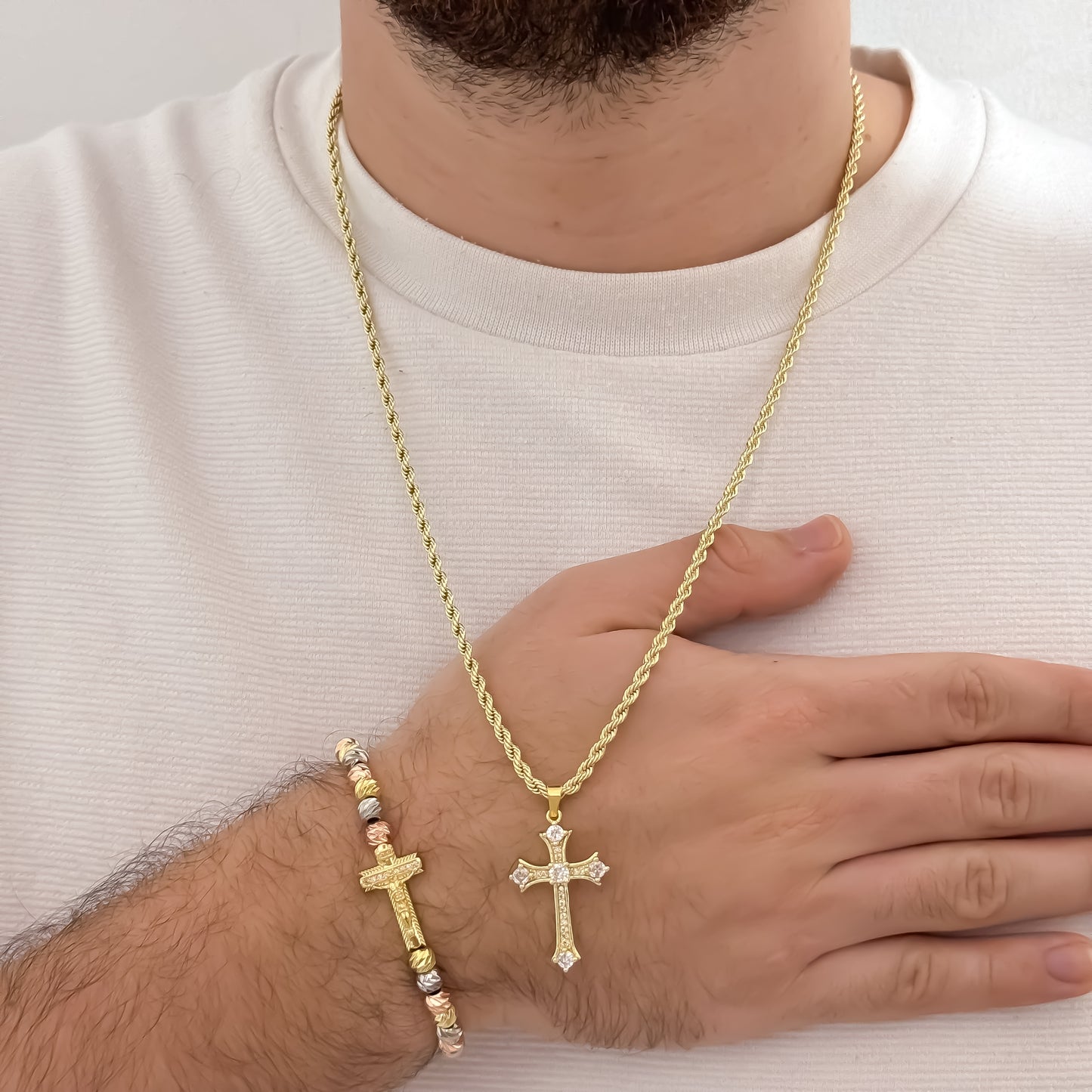 Cadena Tejido Lazo Siciliano de Hombre de 60cm de 3mm de Grosor + Cruz Trebol con Micro circones + Pulsera Cristo madero de 3 Oros en Balin italiano en Oro Laminado 18k con Garantia de por vida