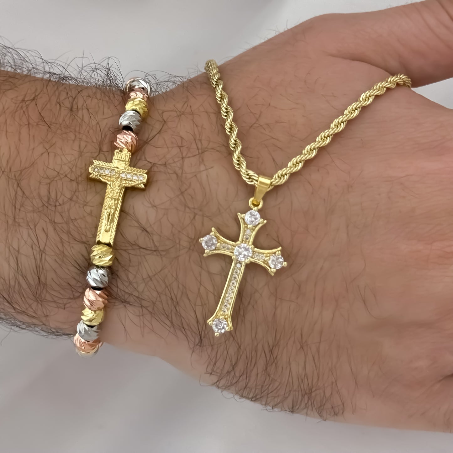 Cadena Tejido Lazo Siciliano de Hombre de 60cm de 3mm de Grosor + Cruz Trebol con Micro circones + Pulsera Cristo madero de 3 Oros en Balin italiano en Oro Laminado 18k con Garantia de por vida