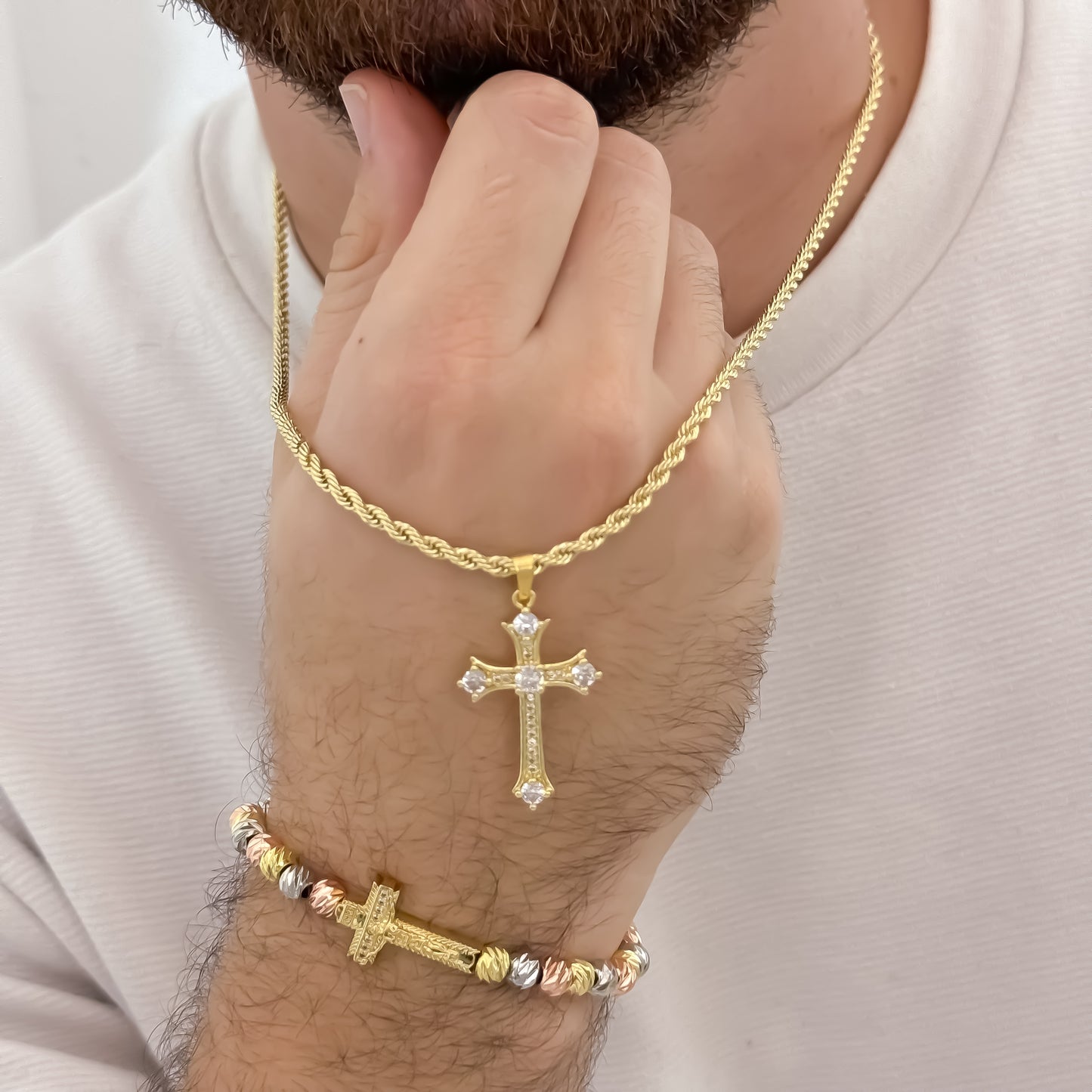 Cadena Tejido Lazo Siciliano de Hombre de 60cm de 3mm de Grosor + Cruz Trebol con Micro circones + Pulsera Cristo madero de 3 Oros en Balin italiano en Oro Laminado 18k con Garantia de por vida