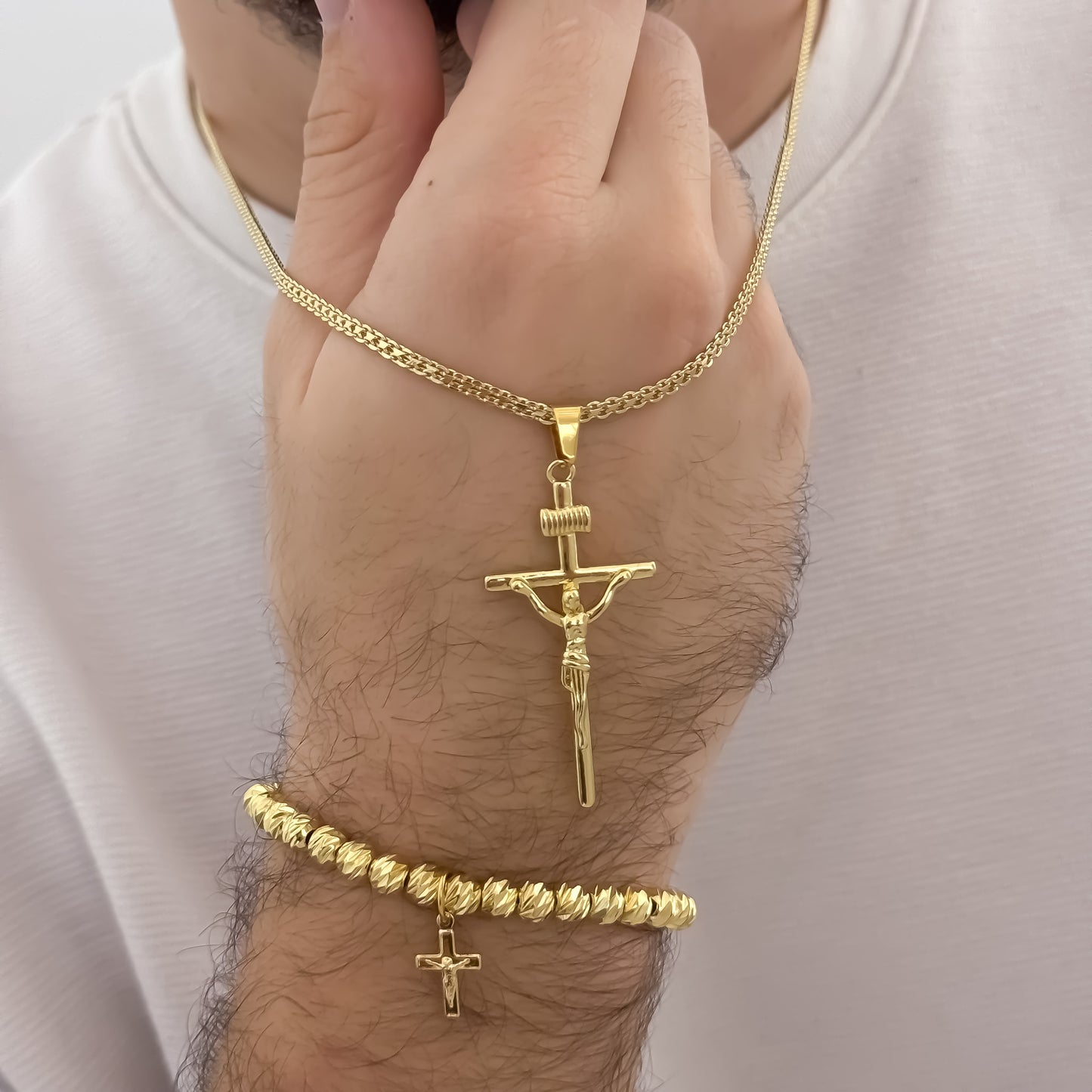 Cadena Tejido Chino de Hombre de 60cm de 3mm + Cruz Cristo Madero + Pulseras Cruz Cristo Madero Cruz Cristo Madero en Oro laminado 18k con Garantia de por vida