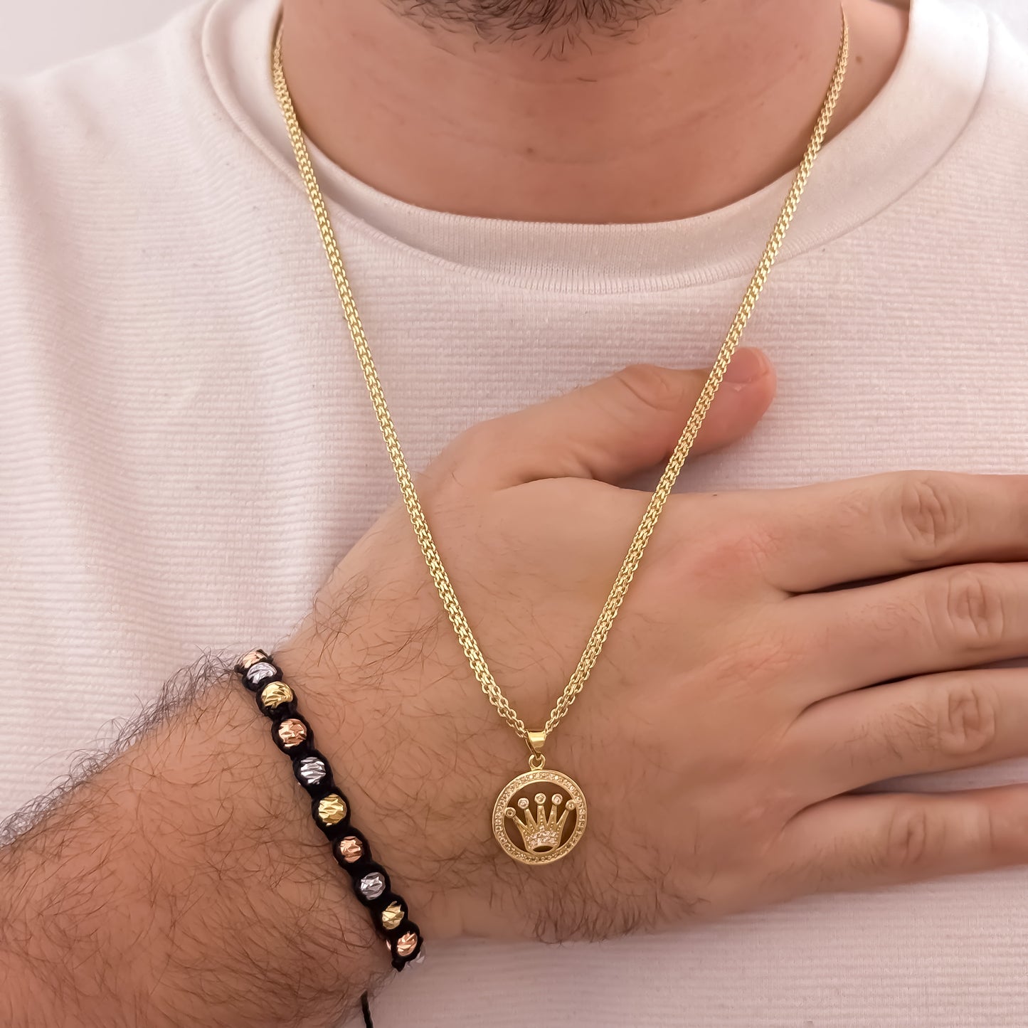 Cadena Tejido Chino de Hombre de 60cm de 3mm + Corona Rolex con Micro circones + Pulsera Tejida de 3 Oros en Balin italiano en oro Laminado 18k con Garantia de por vida