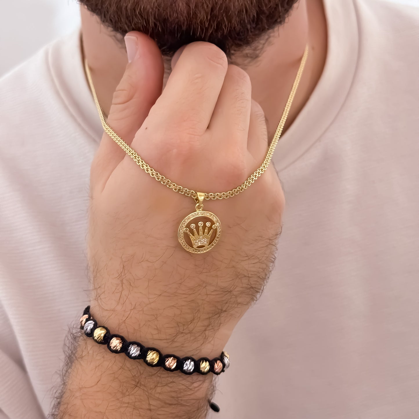 Cadena Tejido Chino de Hombre de 60cm de 3mm + Corona Rolex con Micro circones + Pulsera Tejida de 3 Oros en Balin italiano en oro Laminado 18k con Garantia de por vida