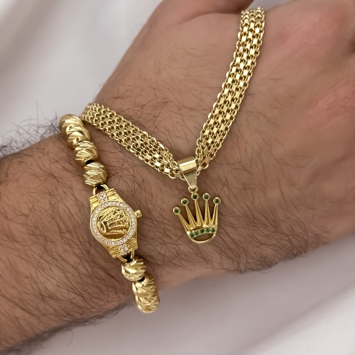 Cadena Tejido chino Grueso de Hombre de 60cm de 6mm de Grosor + Dije de Corona Rolex con Micro circones Verde + Pulsera Rolex Balin Italiano de 8mm en Oro Laminado 18k con Garantia de por vida