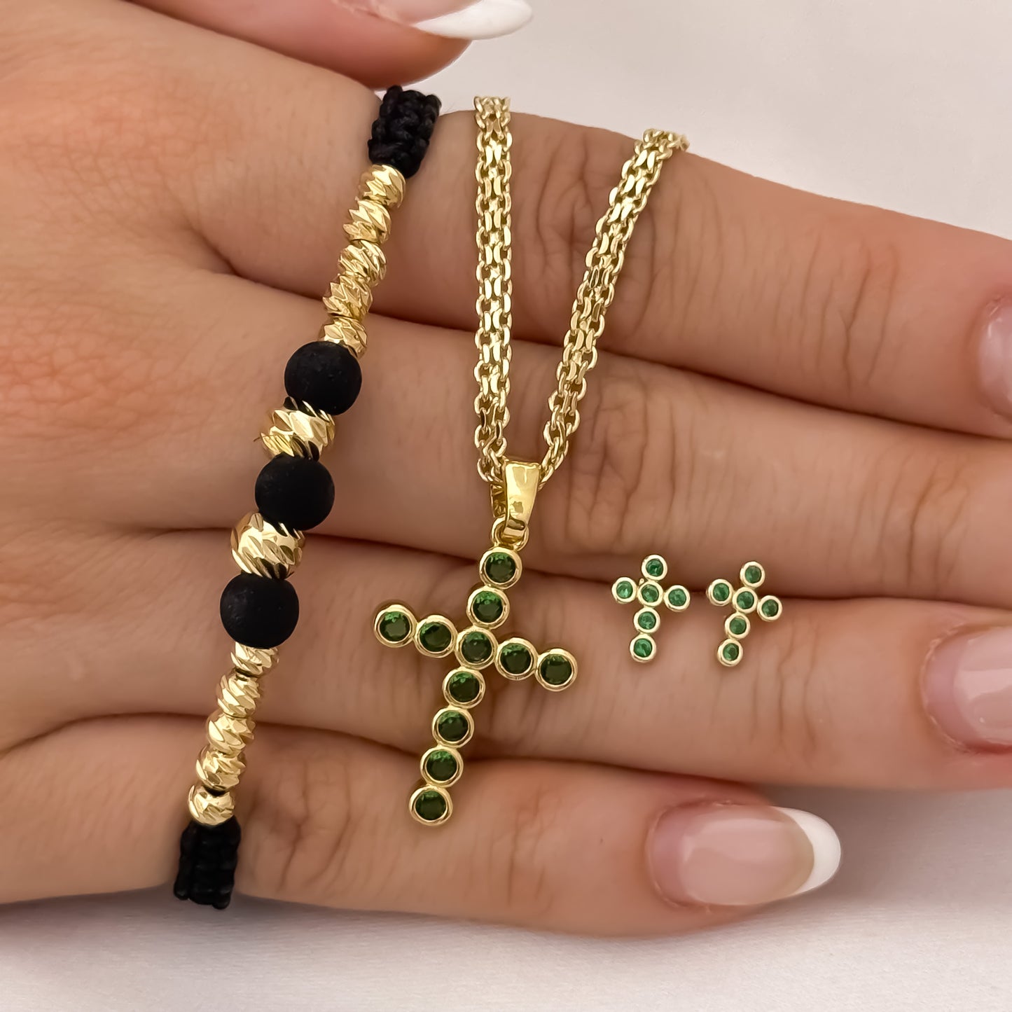 Cadena Tejido Chino de Dama de 45cm de 3mm de Grosor + Cruz Verde Esmeralda + Topo Cruz + Pulsera Balin italiano de 4mm de grosor en Oro laminado 18k con Garantia de por vida