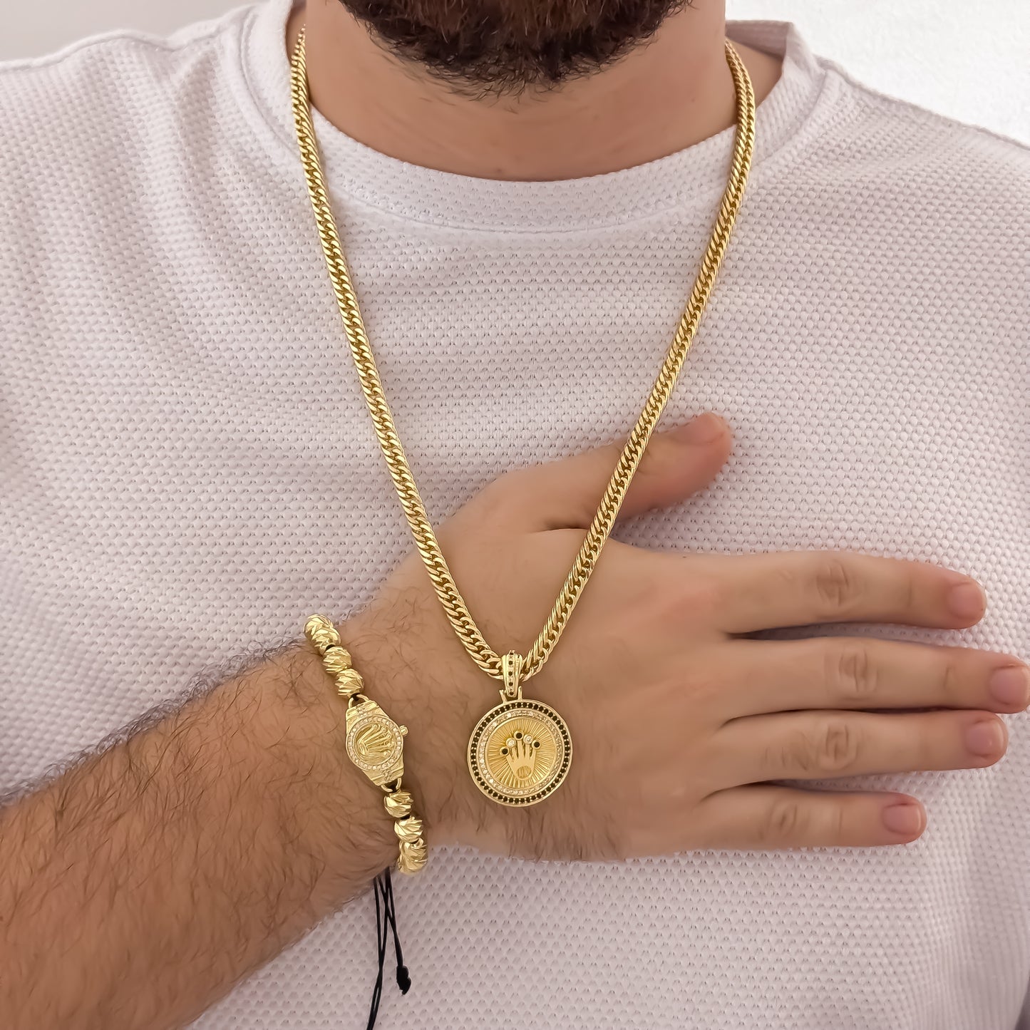 Cadena Tejido Cubana Cruzada de 60cm de 5mm + Dije Corona Rolex con Micro Circones Negro + Micro Circones Cristales + Pulsera Herraje Balin Italiano en 8mm en Oro Laminado 18k con Garantia de por vida