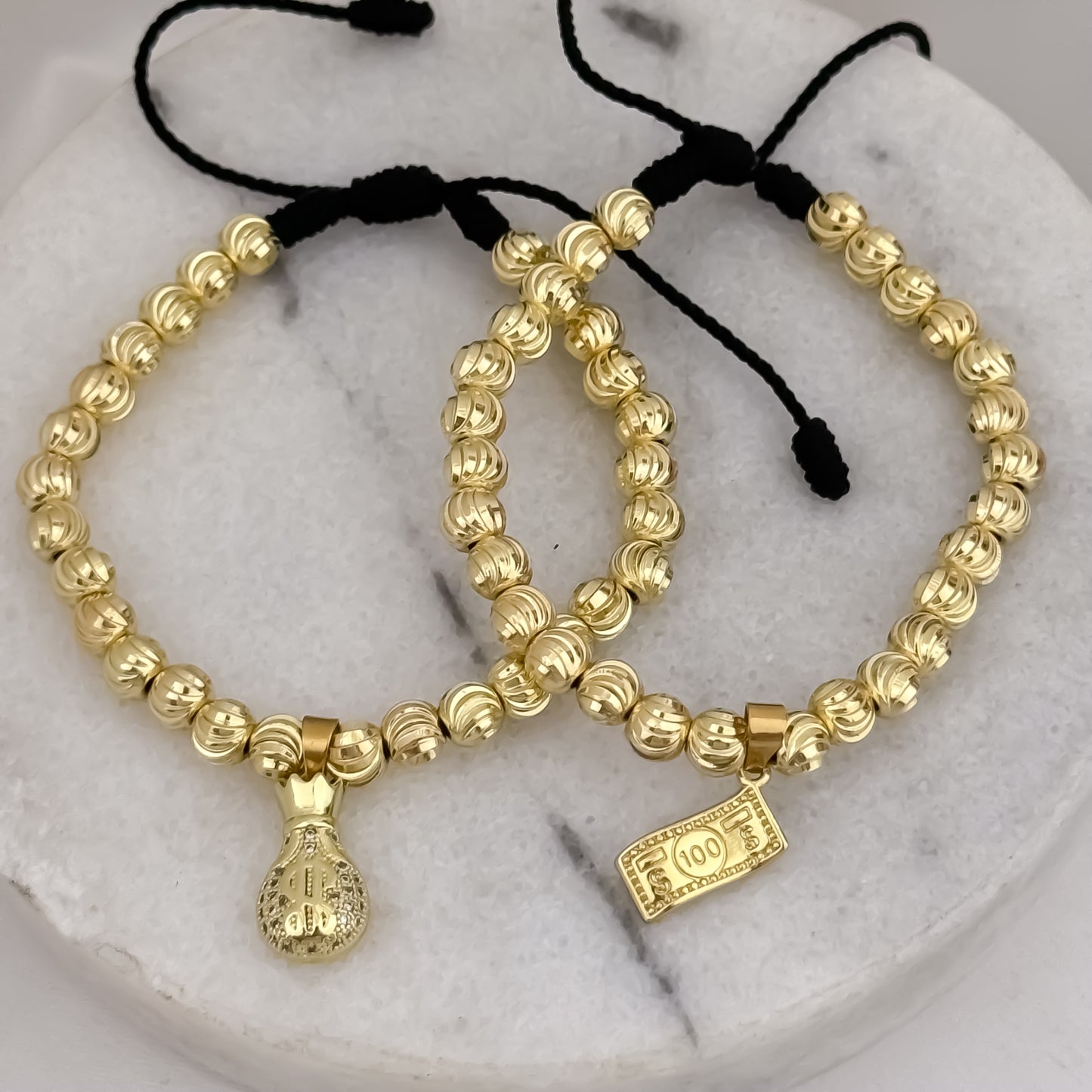 Promoción de PAR de Pulseras Para Parejas en Balin Italiano de 6mm Abundancia Billete de Dolar + Bolsa de Dinero en Oro Laminado 18k con Garantia de por vida