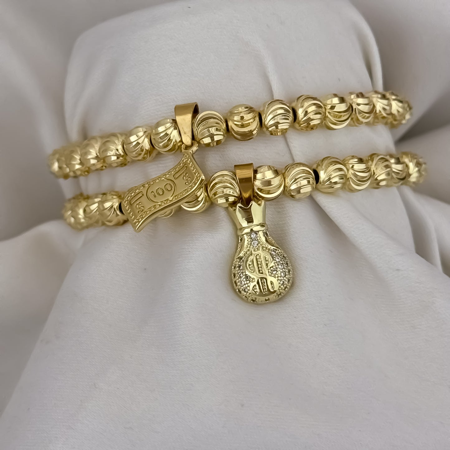 Promoción de PAR de Pulseras Para Parejas en Balin Italiano de 6mm Abundancia Billete de Dolar + Bolsa de Dinero en Oro Laminado 18k con Garantia de por vida