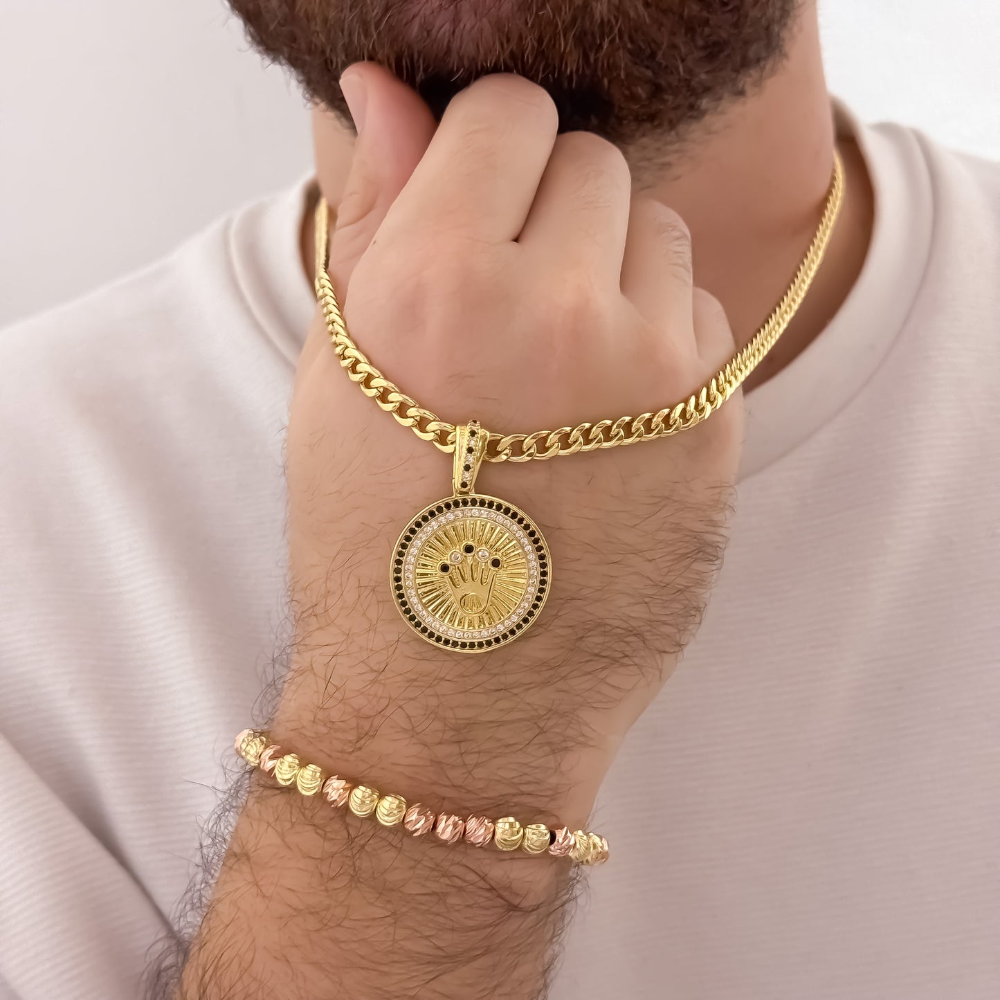 Cadena Tejido Cubana Rustica de 60cm de 5mm + Corona Rolex con Micro Circones Negro + Pulsera Balin Italiano en Oro Rosa y Oro Amarillo en Oro Laminado 18k con Garantia de por vida