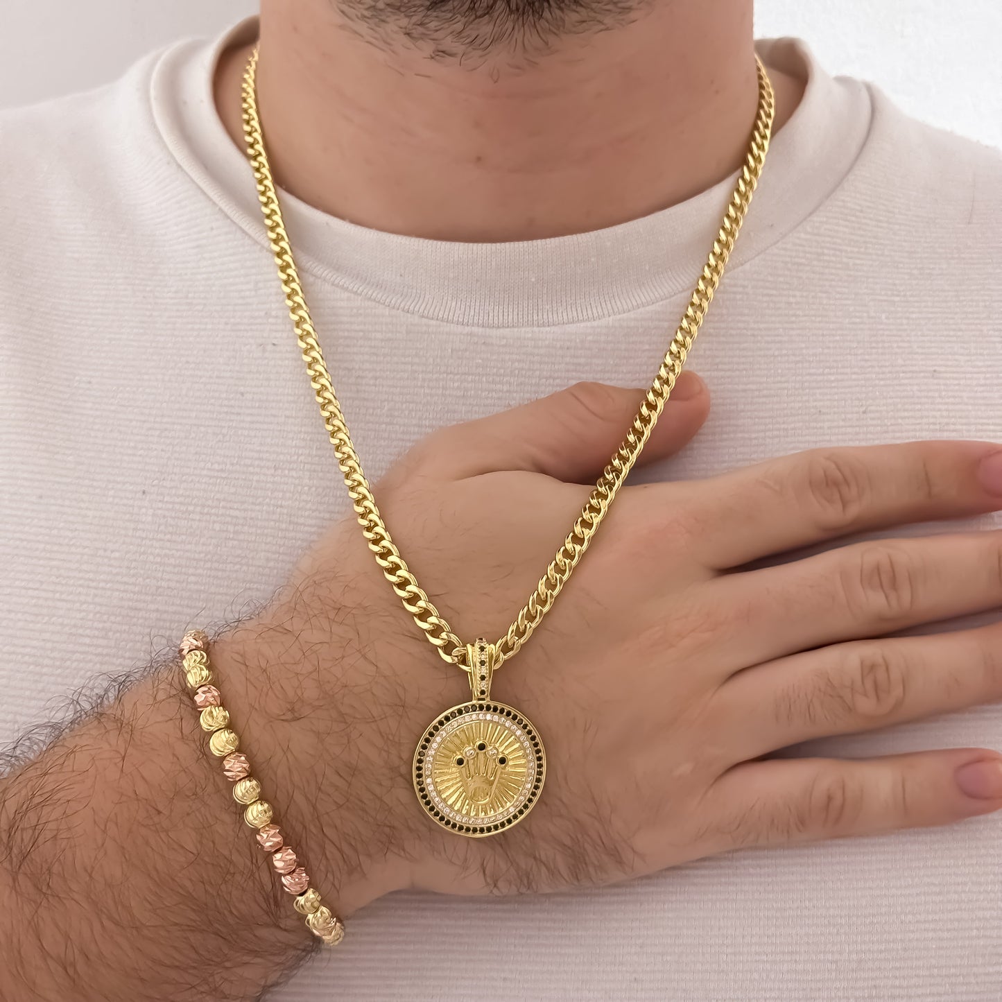 Cadena Tejido Cubana Rustica de 60cm de 5mm + Corona Rolex con Micro Circones Negro + Pulsera Balin Italiano en Oro Rosa y Oro Amarillo en Oro Laminado 18k con Garantia de por vida