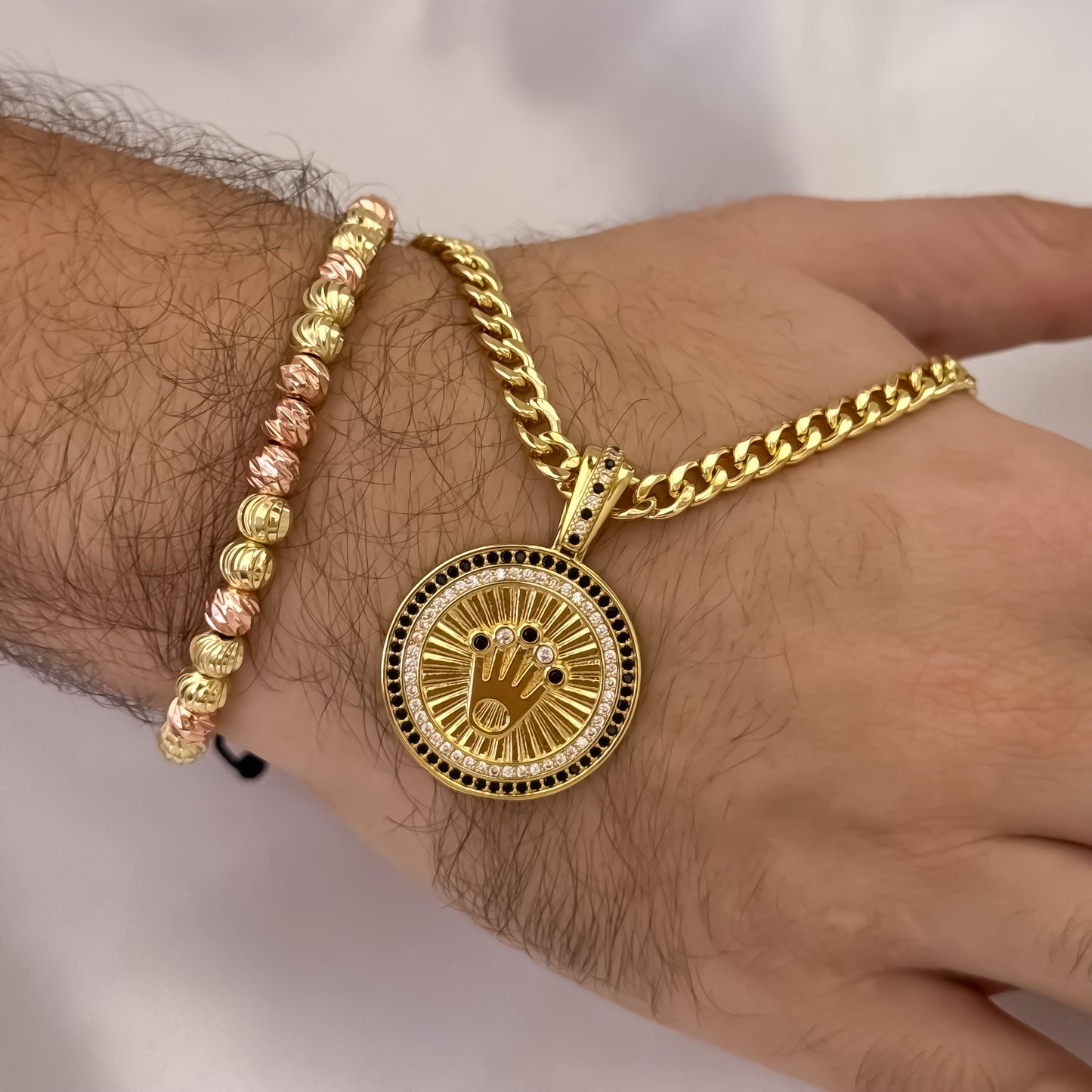 Cadena Tejido Cubana Rustica de 60cm de 5mm + Corona Rolex con Micro Circones Negro + Pulsera Balin Italiano en Oro Rosa y Oro Amarillo en Oro Laminado 18k con Garantia de por vida