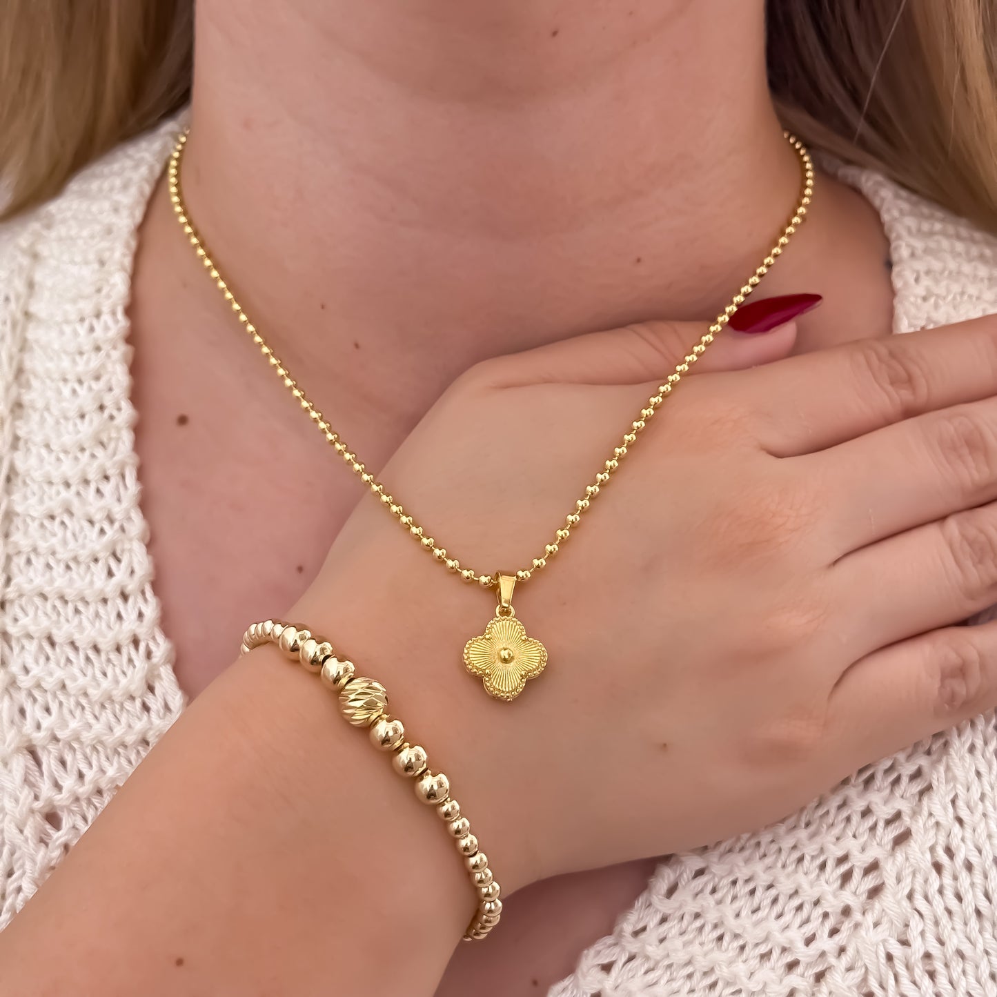 Cadena Tejido Militar de Dama de 45cm de 3mm + Van Cleef + Pulsera Full Balines 4mm + Balin Italinao de 8mm en Oro Laminado 18k con Garantia de por vida
