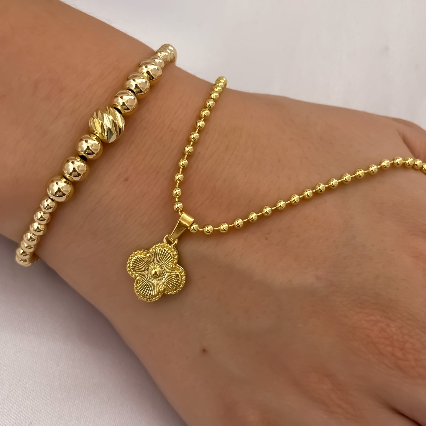 Cadena Tejido Militar de Dama de 45cm de 3mm + Van Cleef + Pulsera Full Balines 4mm + Balin Italinao de 8mm en Oro Laminado 18k con Garantia de por vida