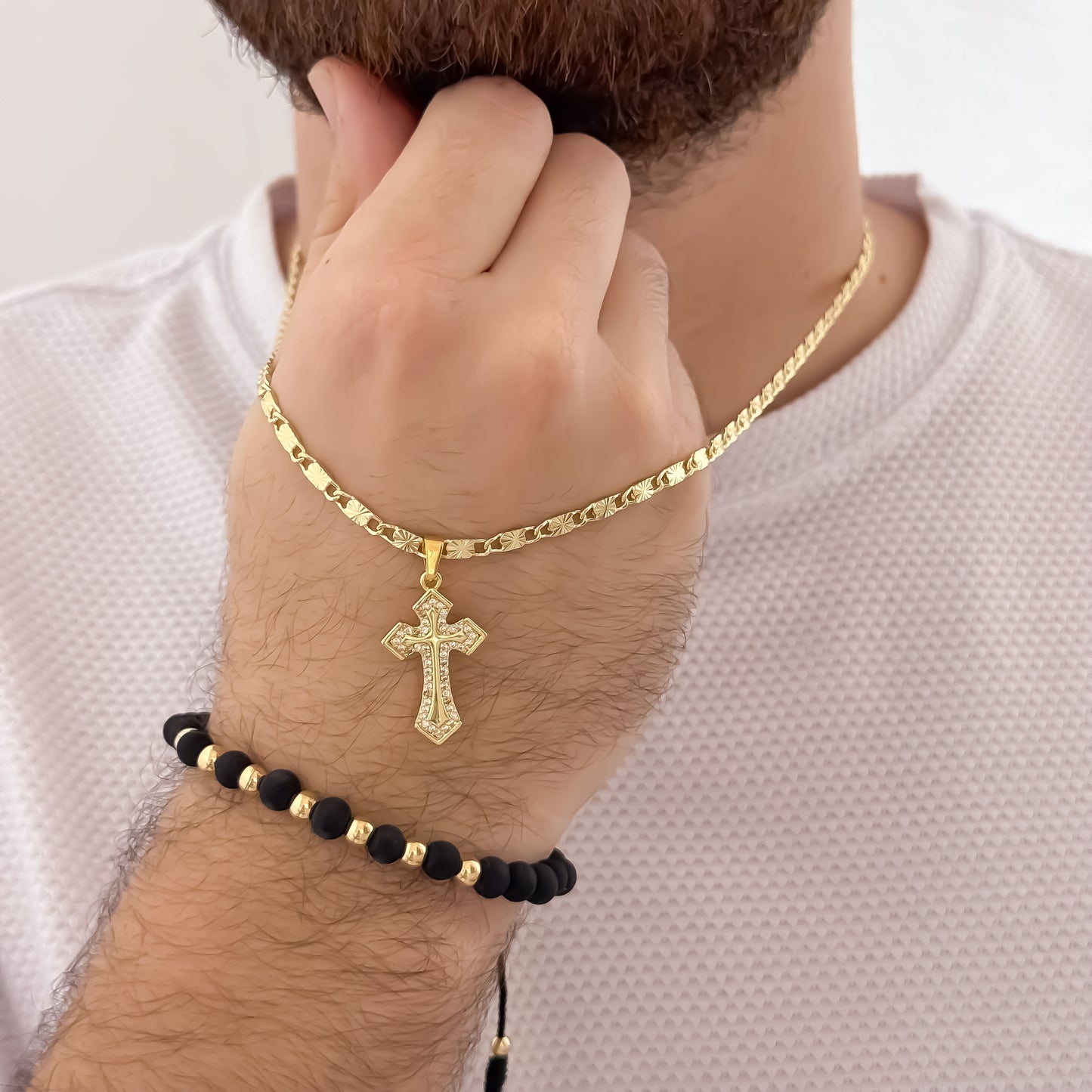 Cadena Tejido Escalera con Destello de 60cm de 3mm + Dije de Cruz con Micro circones Cristales + Pulsera Tejida en Balin de 5mm en Oro Laminado 18k con Garantia de por vida