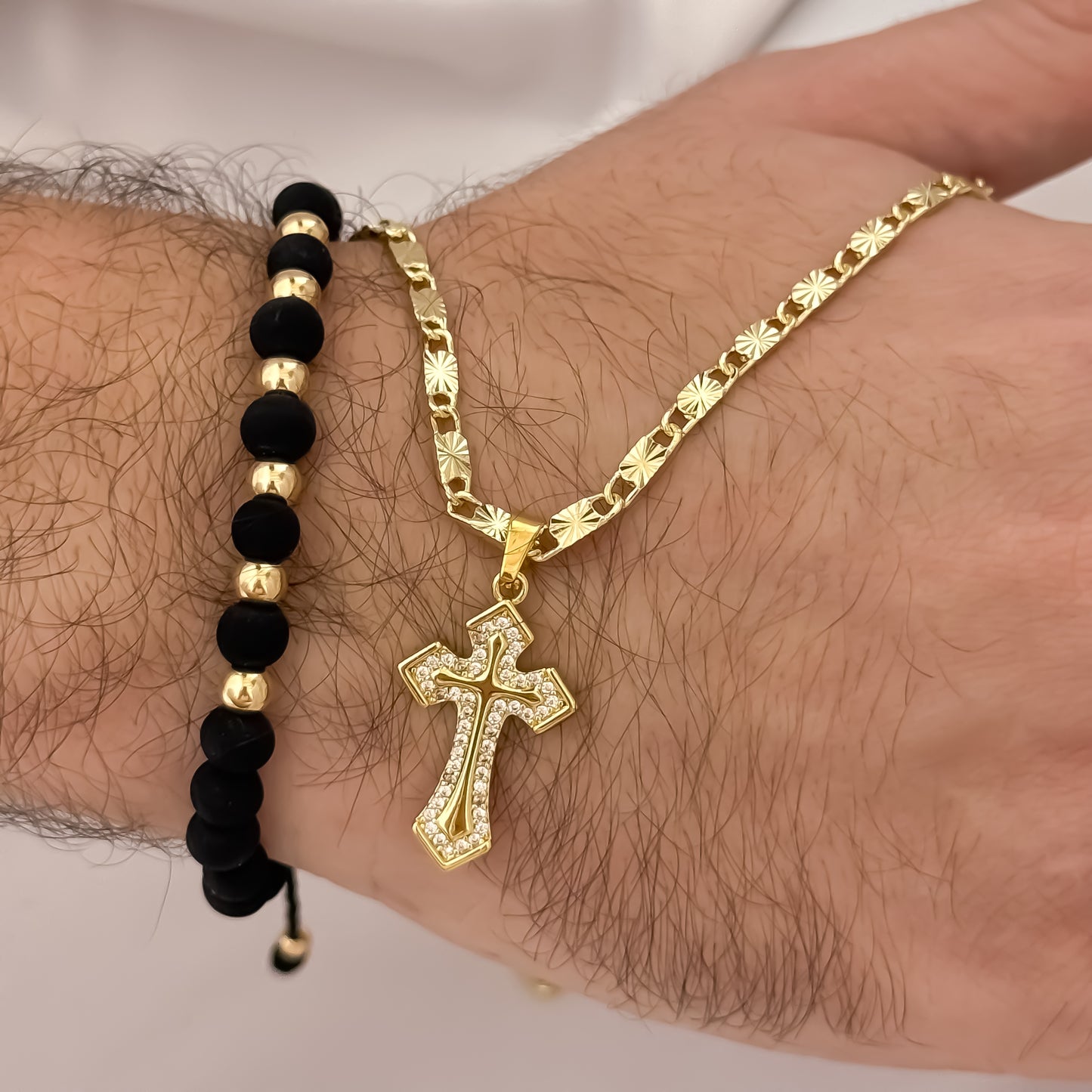 Cadena Tejido Escalera con Destello de 60cm de 3mm + Dije de Cruz con Micro circones Cristales + Pulsera Tejida en Balin de 5mm en Oro Laminado 18k con Garantia de por vida