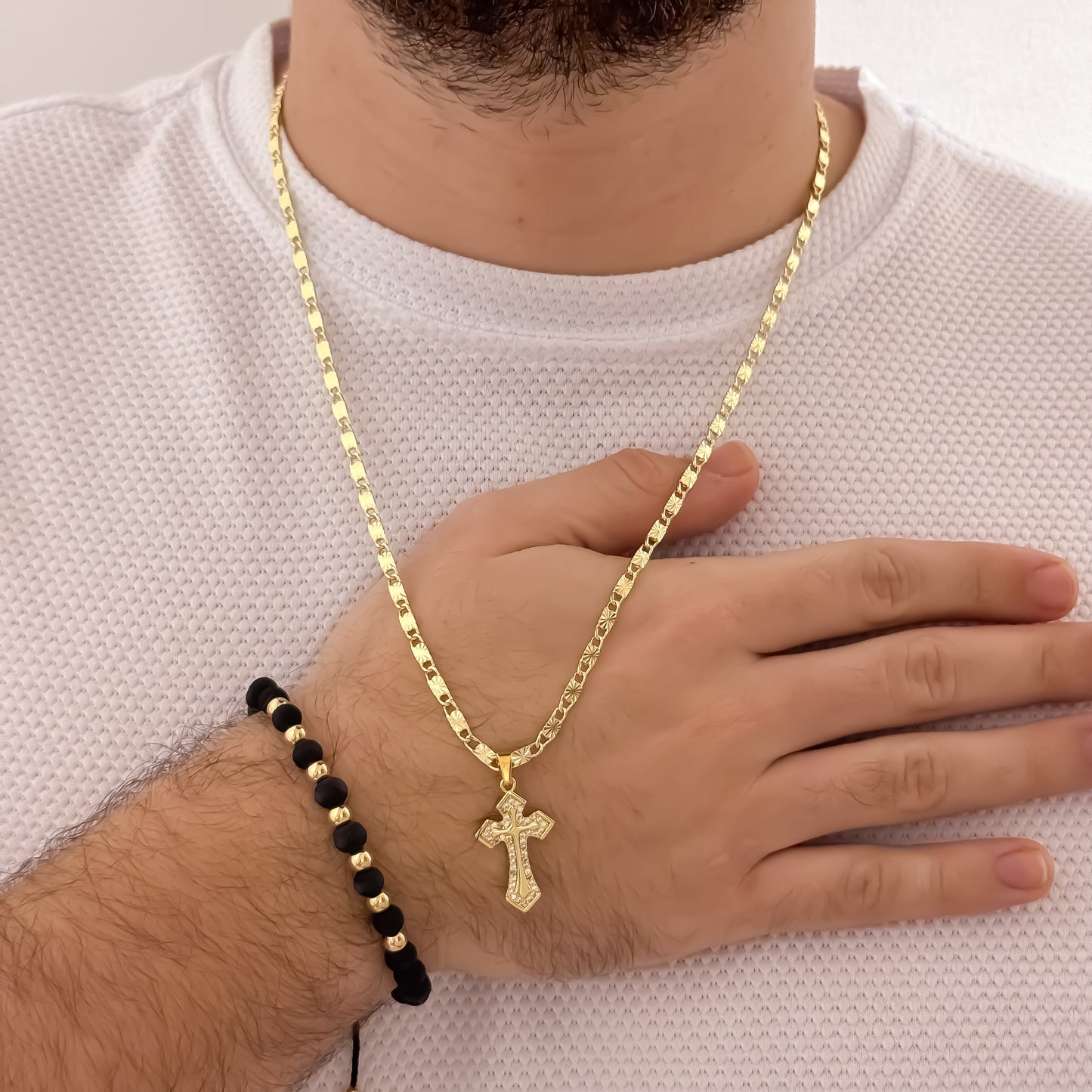 Cadena Tejido Escalera con Destello de 60cm de 3mm + Dije de Cruz con Micro circones Cristales + Pulsera Tejida en Balin de 5mm en Oro Laminado 18k con Garantia de por vida