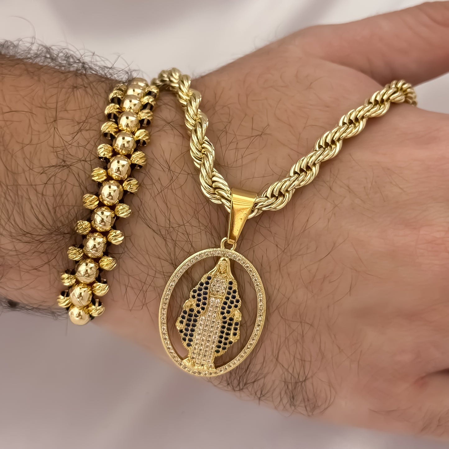 Cadena Tejido Lazo Grueso de Hombre de 60cm de 5mm + Dije de Virgen de Carmen con Micro Circones + Pulseras 3 carriles en Balin Italiano 4mm - 5mm en Oro Laminado 18k con Garantía de por vida