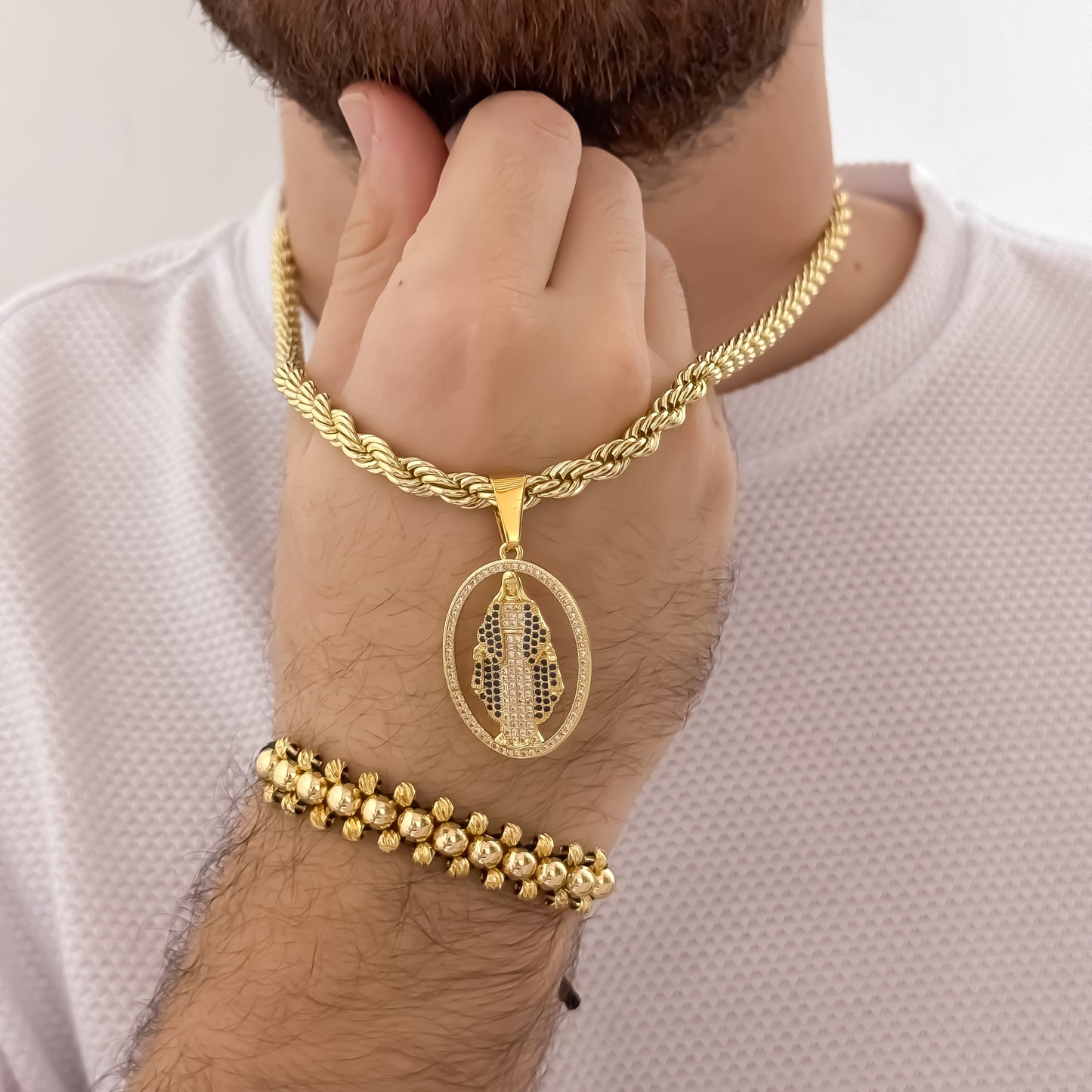 Cadena Tejido Lazo Grueso de Hombre de 60cm de 5mm + Dije de Virgen de Carmen con Micro Circones + Pulseras 3 carriles en Balin Italiano 4mm - 5mm en Oro Laminado 18k con Garantía de por vida