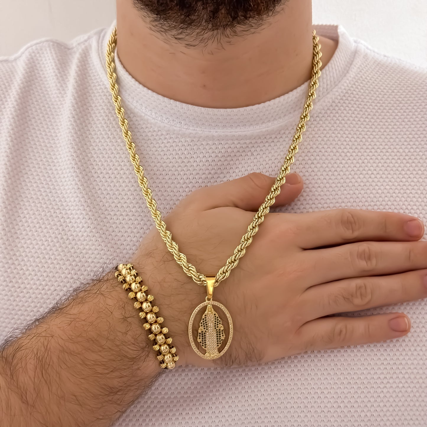Cadena Tejido Lazo Grueso de Hombre de 60cm de 5mm + Dije de Virgen de Carmen con Micro Circones + Pulseras 3 carriles en Balin Italiano 4mm - 5mm en Oro Laminado 18k con Garantía de por vida