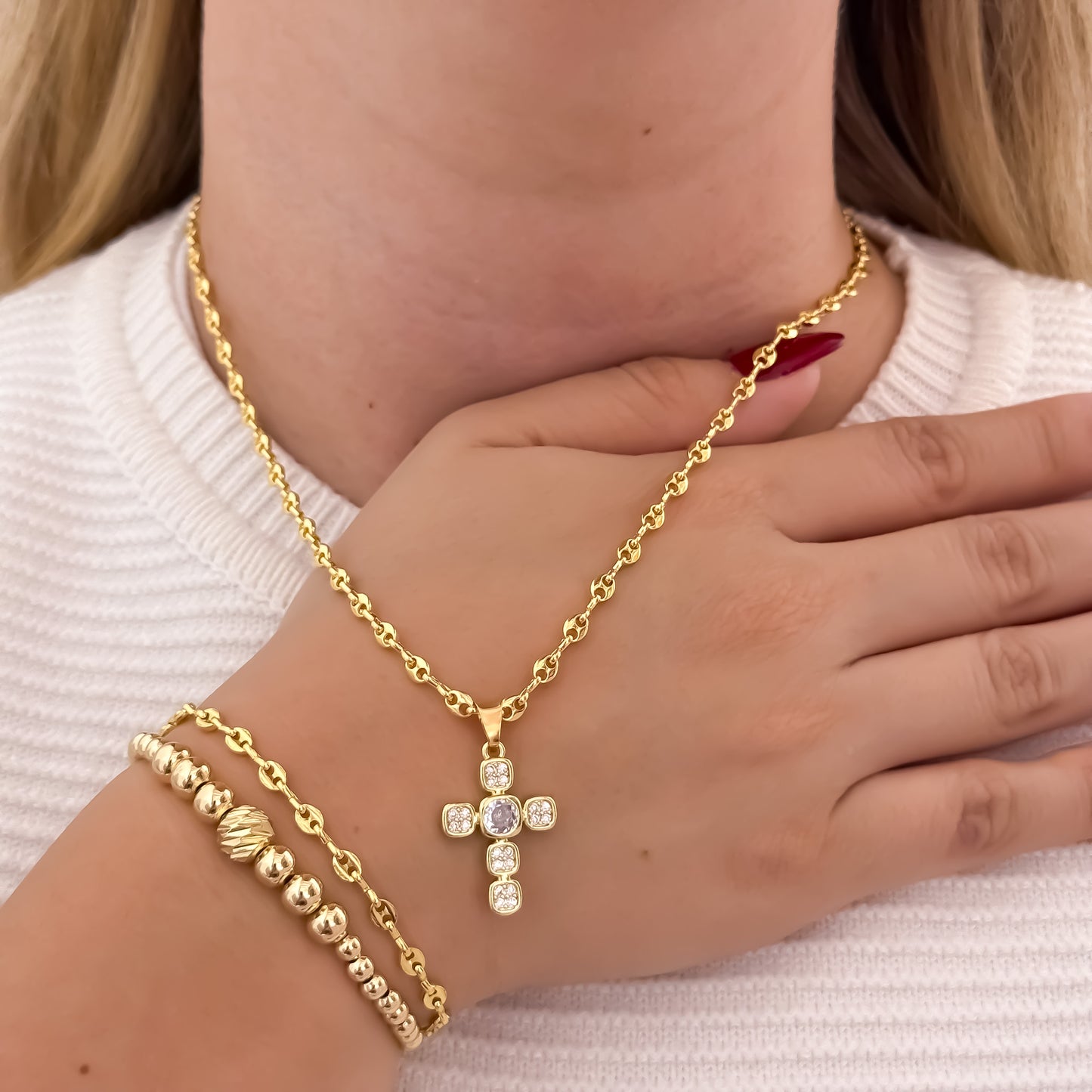Cadena Tejido Gucci de Dama de 45cm de 3mm + Cruz Con Micro Circones Cristales Cuadrados + Pulseras Gucci de Dama + Pulseras Full Balines en Oro Laminado 18k con Garantia de por vida