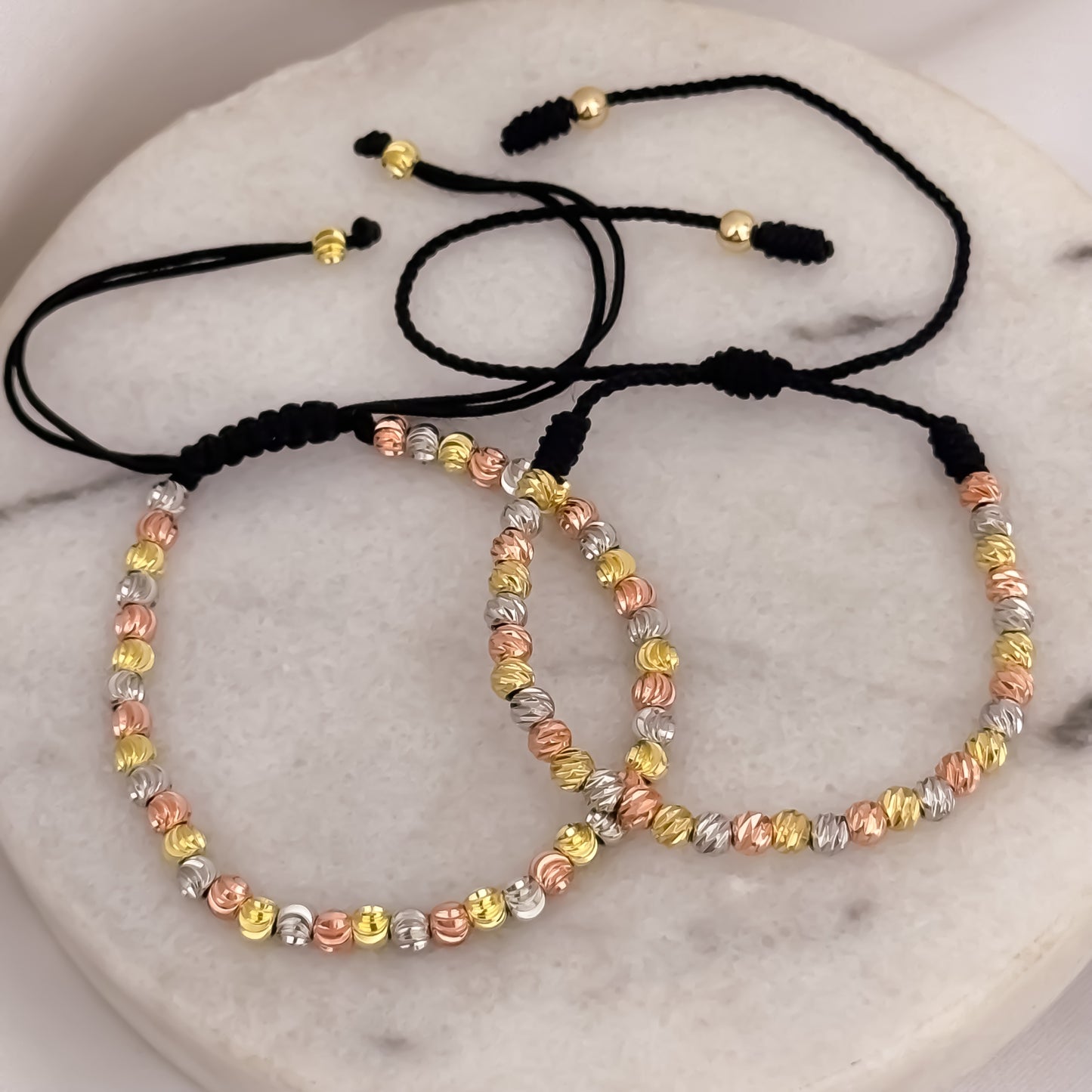 Promoción de 2 Pulseras para Parejas de 3 Oros en Balin Italianos de 4mm en Oro Laminado 18k con Garantia de por vida