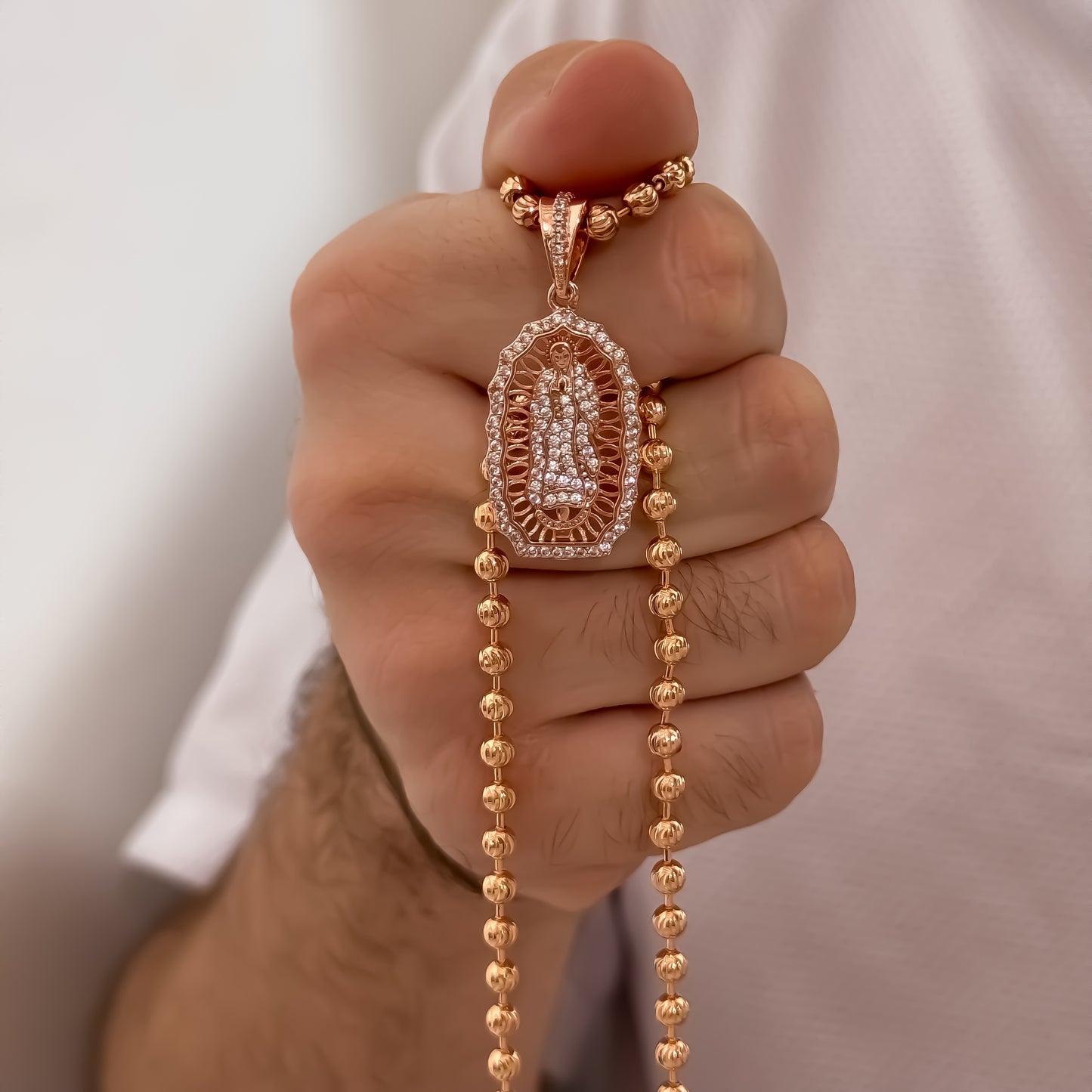 Cadena Tejido Militar Diamamtada de 60cm de 4mn + Virgen de Guadalupe tallada en Oro Rosa en Oro Laminado 18k con Garantia de por vida