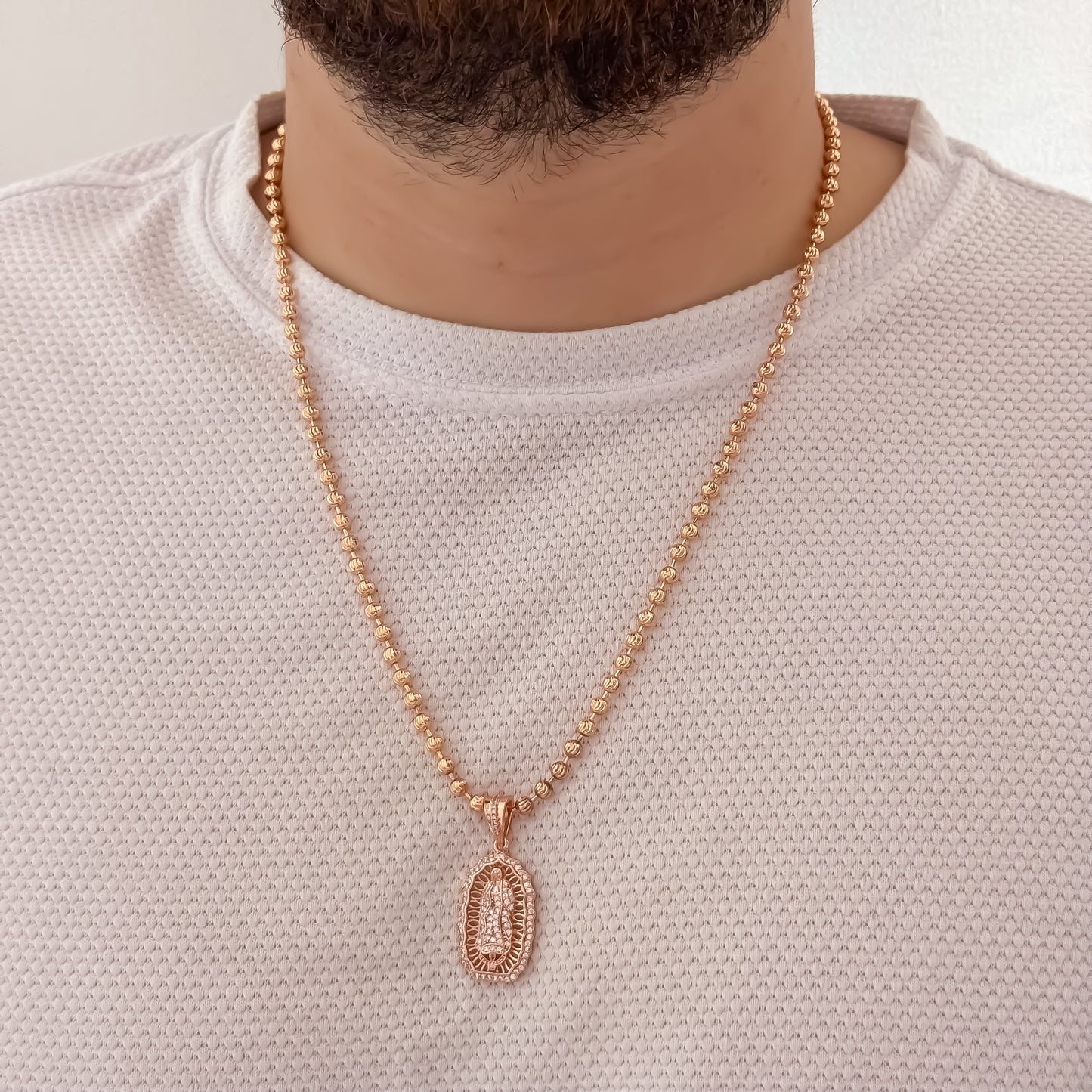 Cadena Tejido Militar Diamamtada de 60cm de 4mn + Virgen de Guadalupe tallada en Oro Rosa en Oro Laminado 18k con Garantia de por vida