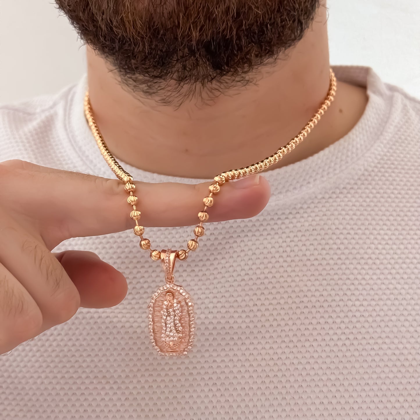 Cadena Tejido Militar Diamamtada de 60cm de 4mn + Virgen de Guadalupe tallada en Oro Rosa en Oro Laminado 18k con Garantia de por vida