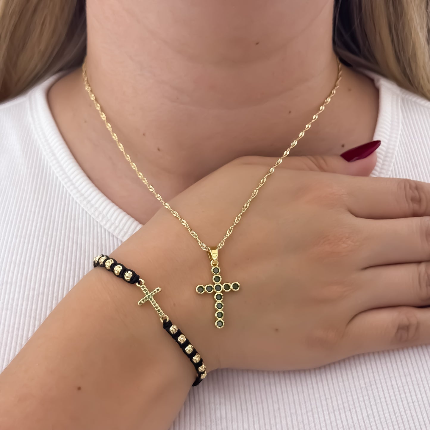Cadena Tejido Singapur de Dama de 45cm + Cruz Micro Circones Cristales Verde + Pulsera Cruz Verde Esmeralda en Balin Italiano en Oro Laminado 18k con Garantia de por vida