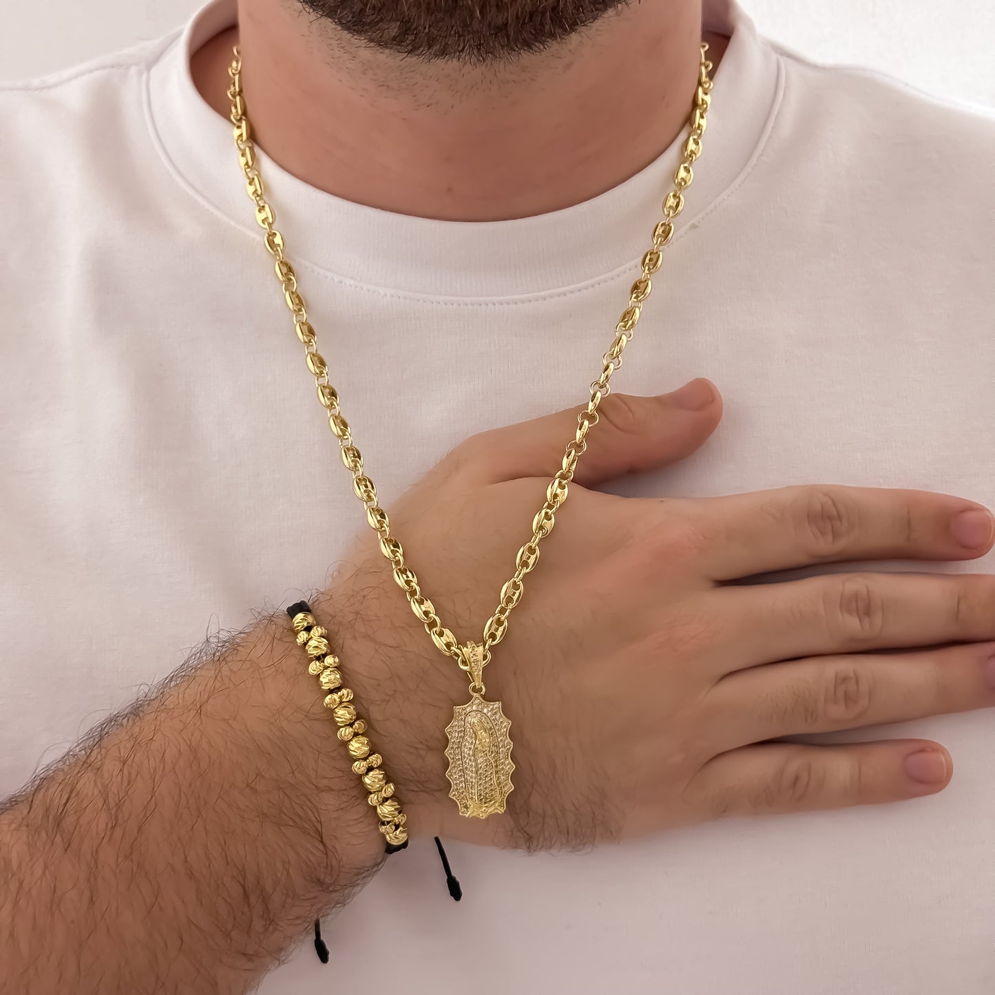 Cadena Tejido Gucci de Hombre de 60cm de 5mm + Virgen de Guadalupe con Micro Circones Cristales + Pulsera Doble Carril en Balin Italiano 6mm en Oro Laminado 18k con Garantía de por vida