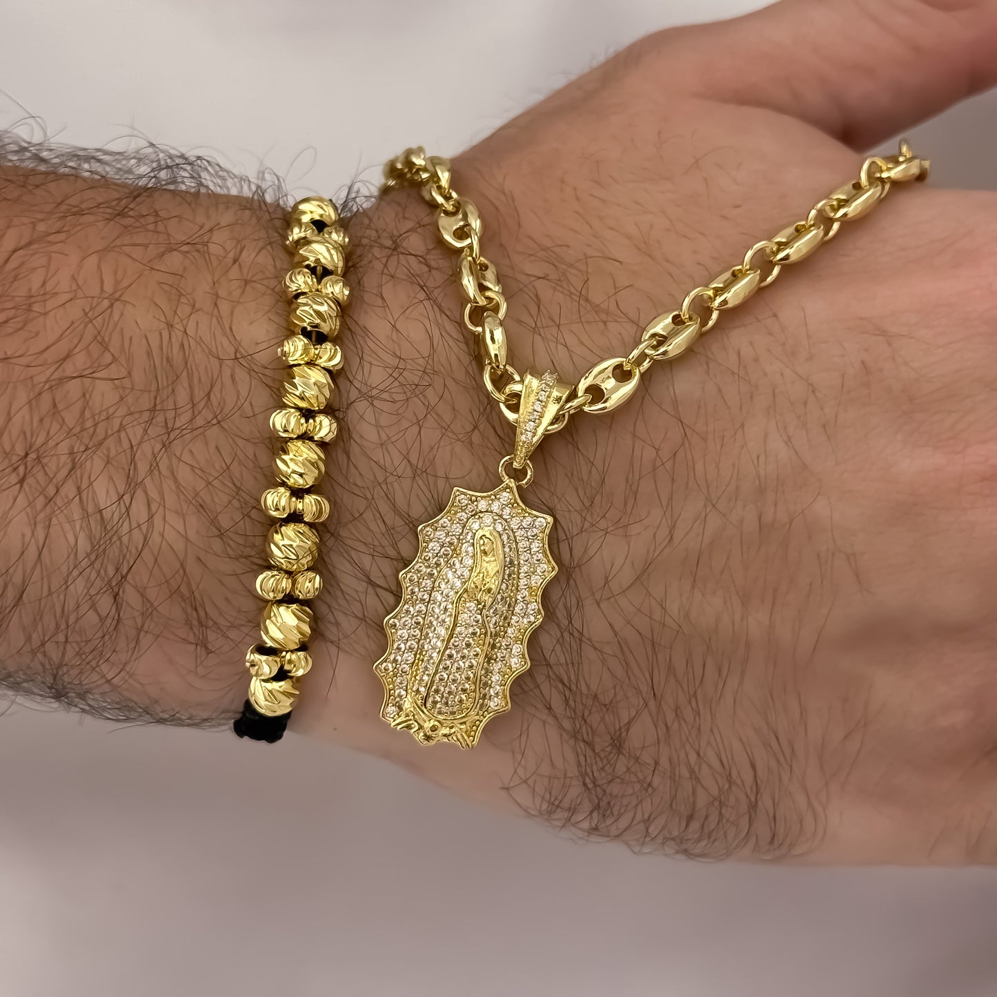 Cadena Tejido Gucci de Hombre de 60cm de 5mm + Virgen de Guadalupe con Micro Circones Cristales + Pulsera Doble Carril en Balin Italiano 6mm en Oro Laminado 18k con Garantía de por vida
