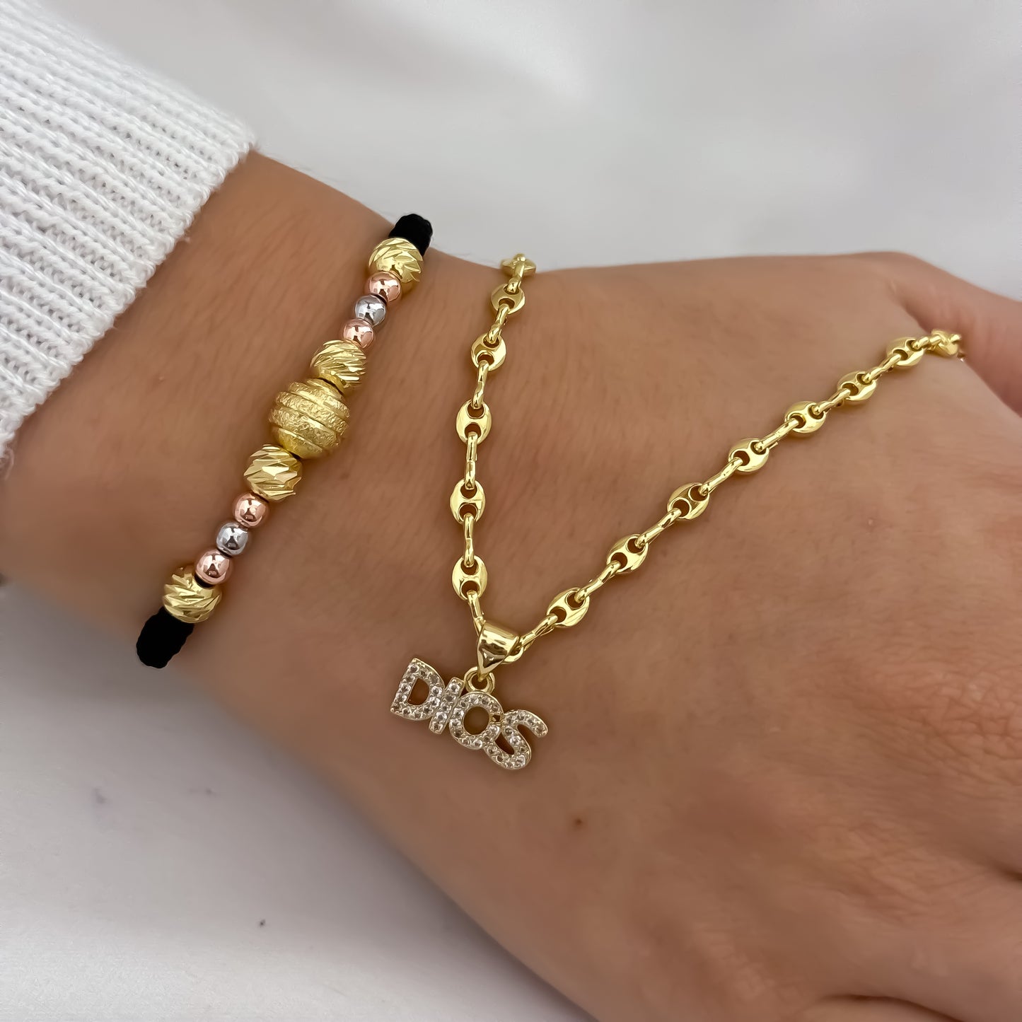 Cadena Tejido Gucci de Dama de 45cm de 3mm de Grosor + Dije de Dios con micro circones + Pulsera Balin Italiano de 3oros en oro Laminado 18k con Garantía de por vida
