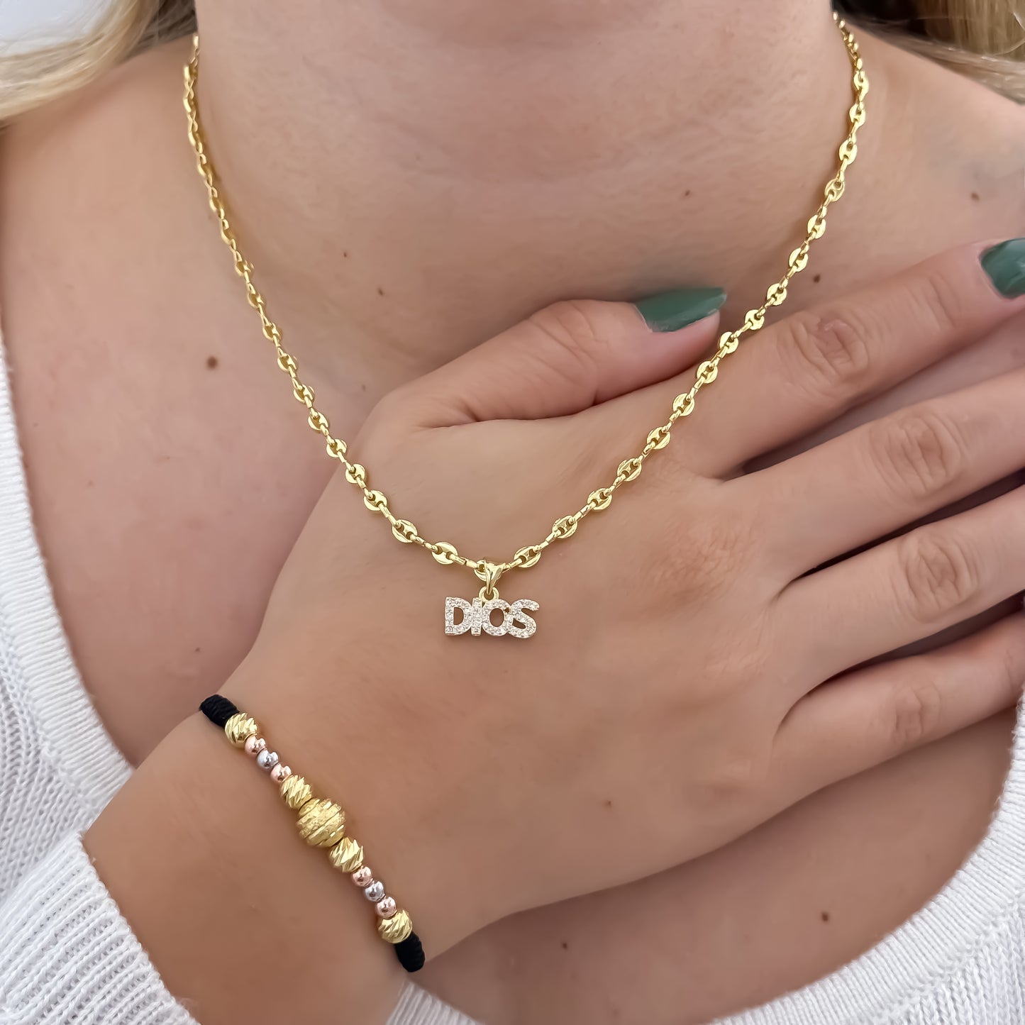 Cadena Tejido Gucci de Dama de 45cm de 3mm de Grosor + Dije de Dios con micro circones + Pulsera Balin Italiano de 3oros en oro Laminado 18k con Garantía de por vida