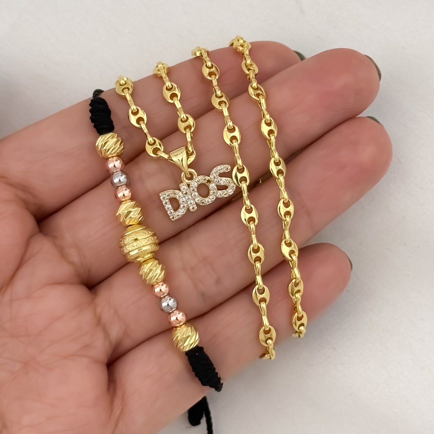 Cadena Tejido Gucci de Dama de 45cm de 3mm de Grosor + Dije de Dios con micro circones + Pulsera Balin Italiano de 3oros en oro Laminado 18k con Garantía de por vida