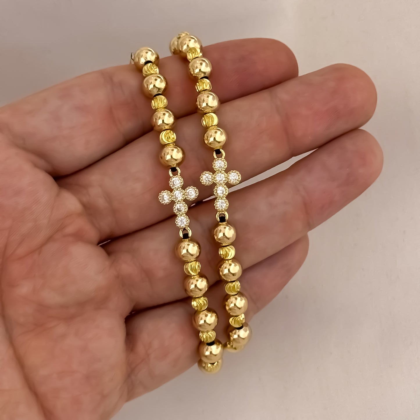 Pulseras para Parejas Balín Italiano 4mm + Liso de 6mm con Cruz Micro Circones Cristales en Oro Laminado 18k con Garantía de por vida